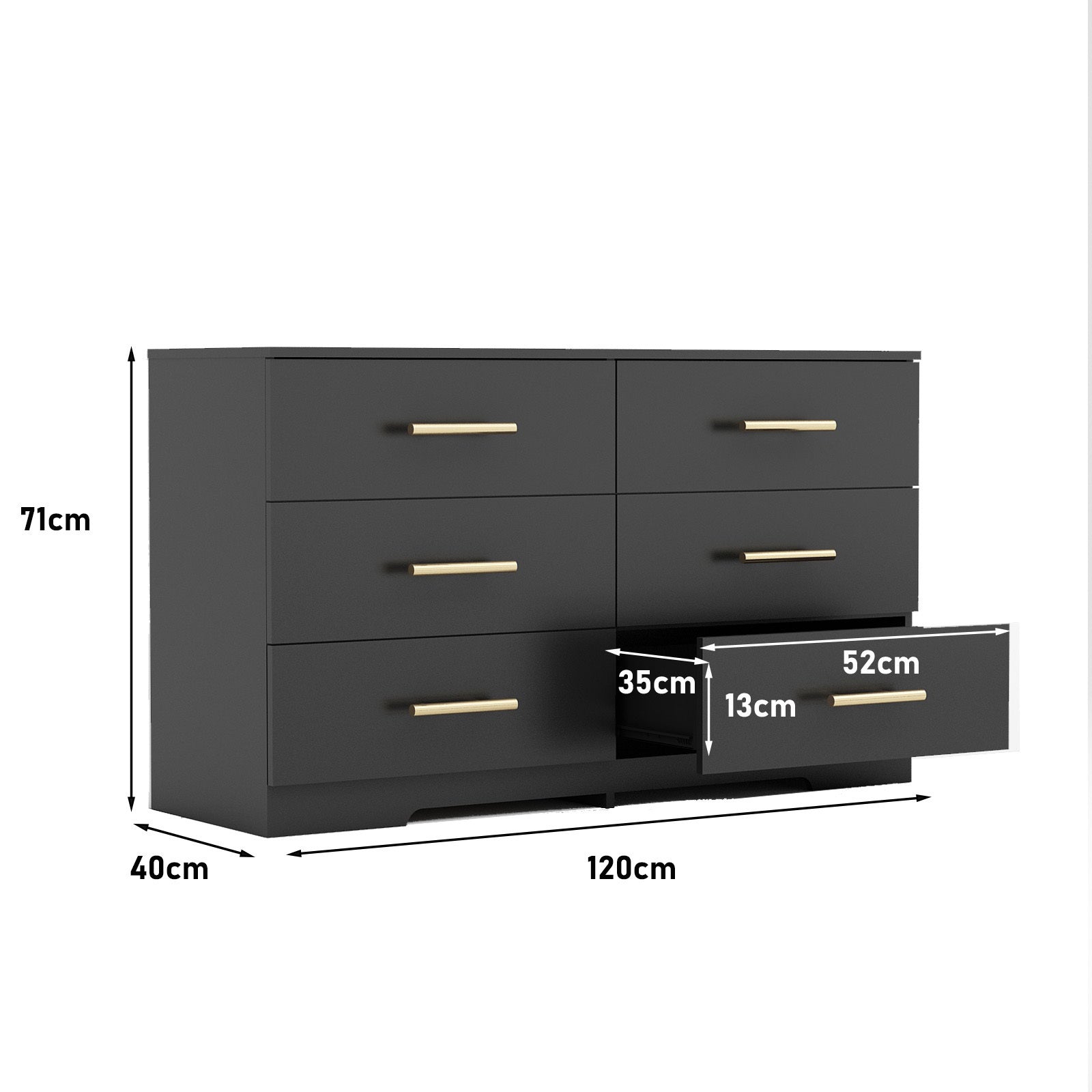 Large 6-Drawer Chest of Drawers Table: Black with Golden Handles