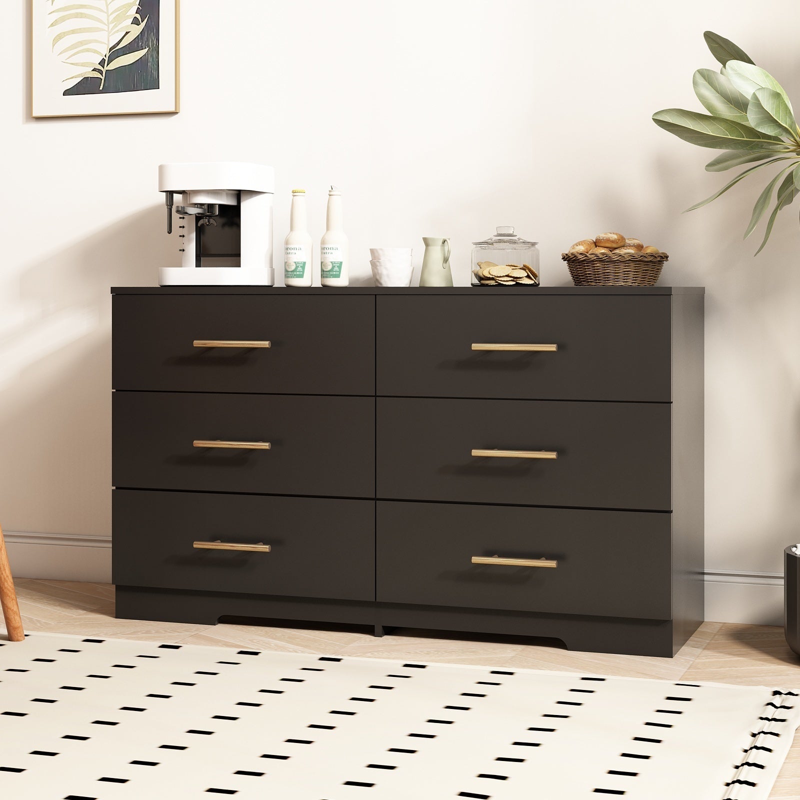 Large 6-Drawer Chest of Drawers Table: Black with Golden Handles