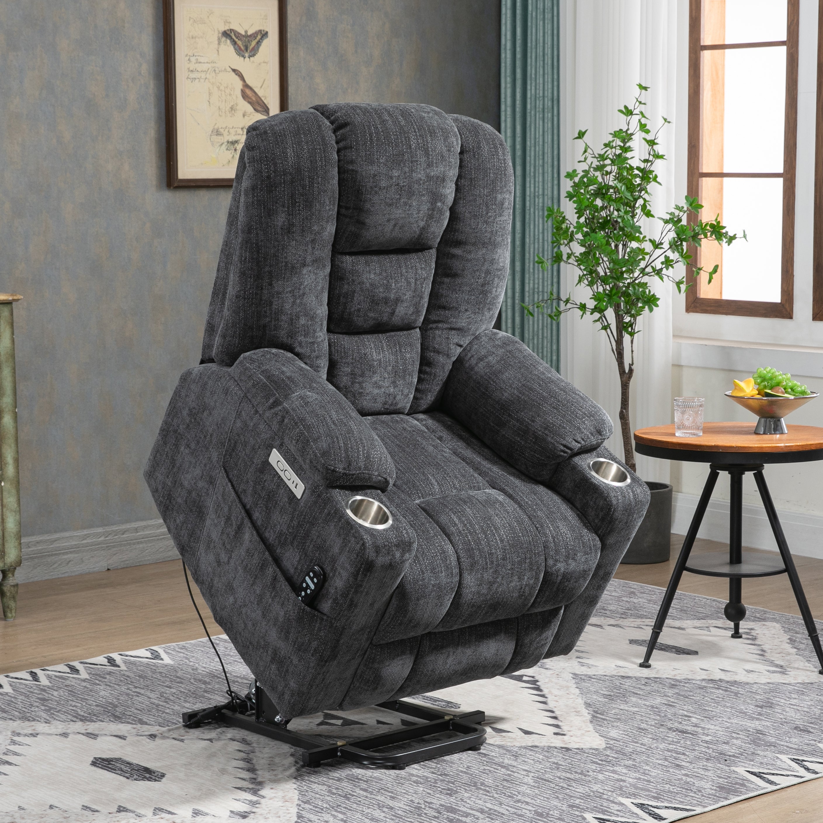 Large Power Lift Recliner Chair with Massage and Heat, USB Ports, 2 Cup Holders, Gray