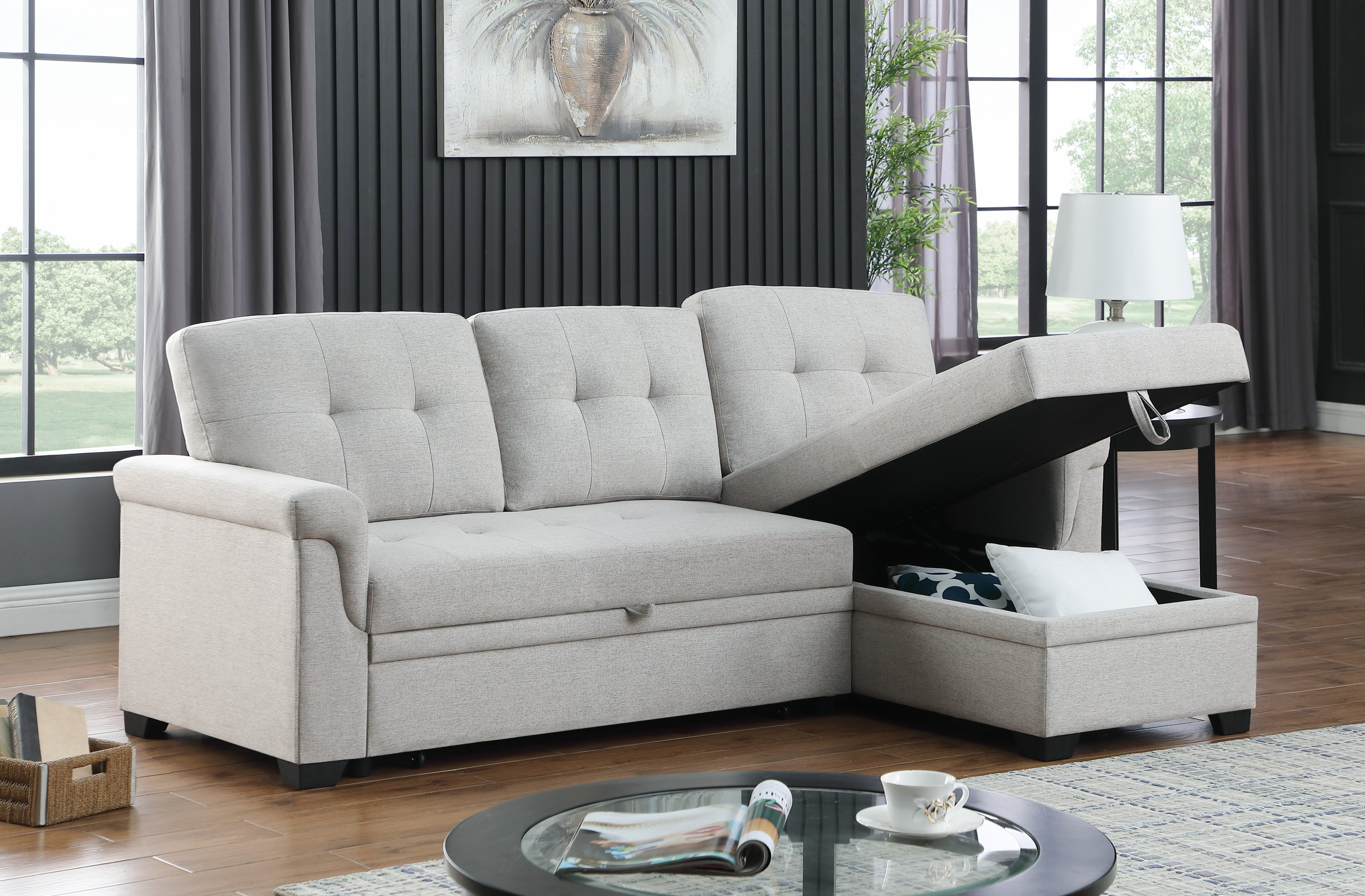 Lucca 84" Light Gray Linen Reversible Sleeper Sectional Sofa with Storage Chaise | Stylish and Functional Addition to Your Living Space-Sleeper Sectionals-American Furniture Outlet