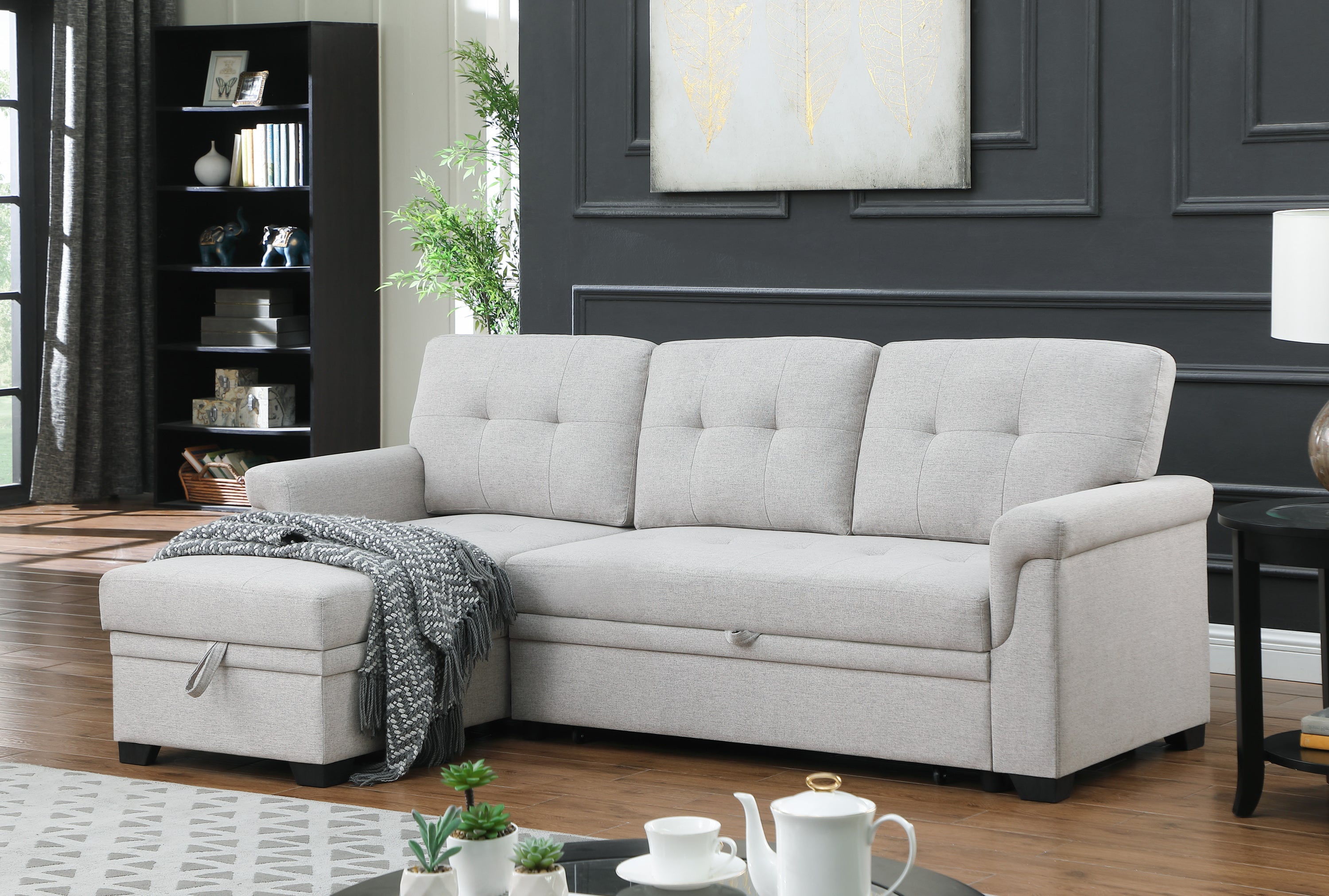 Lucca 84" Light Gray Linen Reversible Sleeper Sectional Sofa with Storage Chaise | Stylish and Functional Addition to Your Living Space-Sleeper Sectionals-American Furniture Outlet