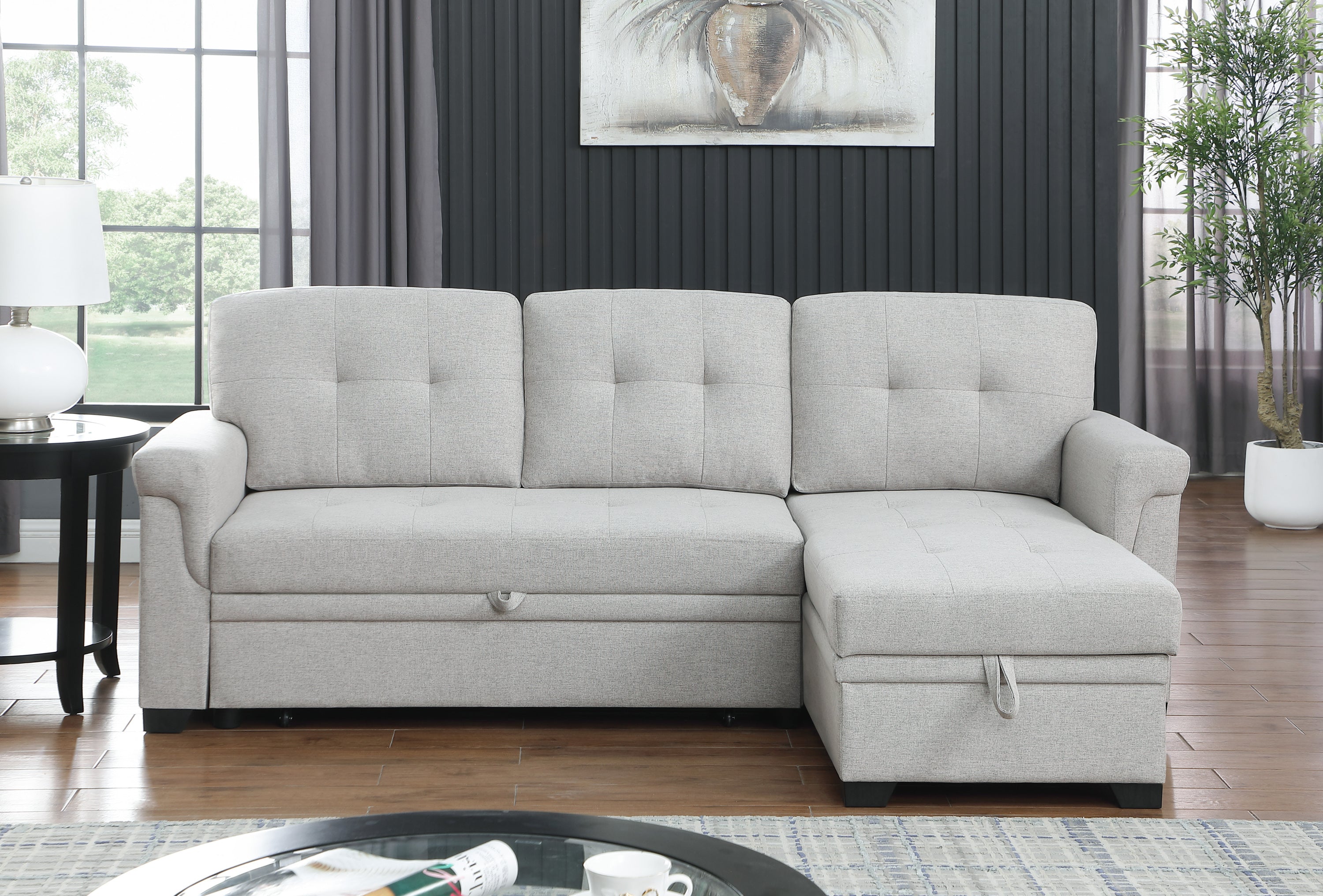 Lucca 84" Light Gray Linen Reversible Sleeper Sectional Sofa with Storage Chaise | Stylish and Functional Addition to Your Living Space-Sleeper Sectionals-American Furniture Outlet