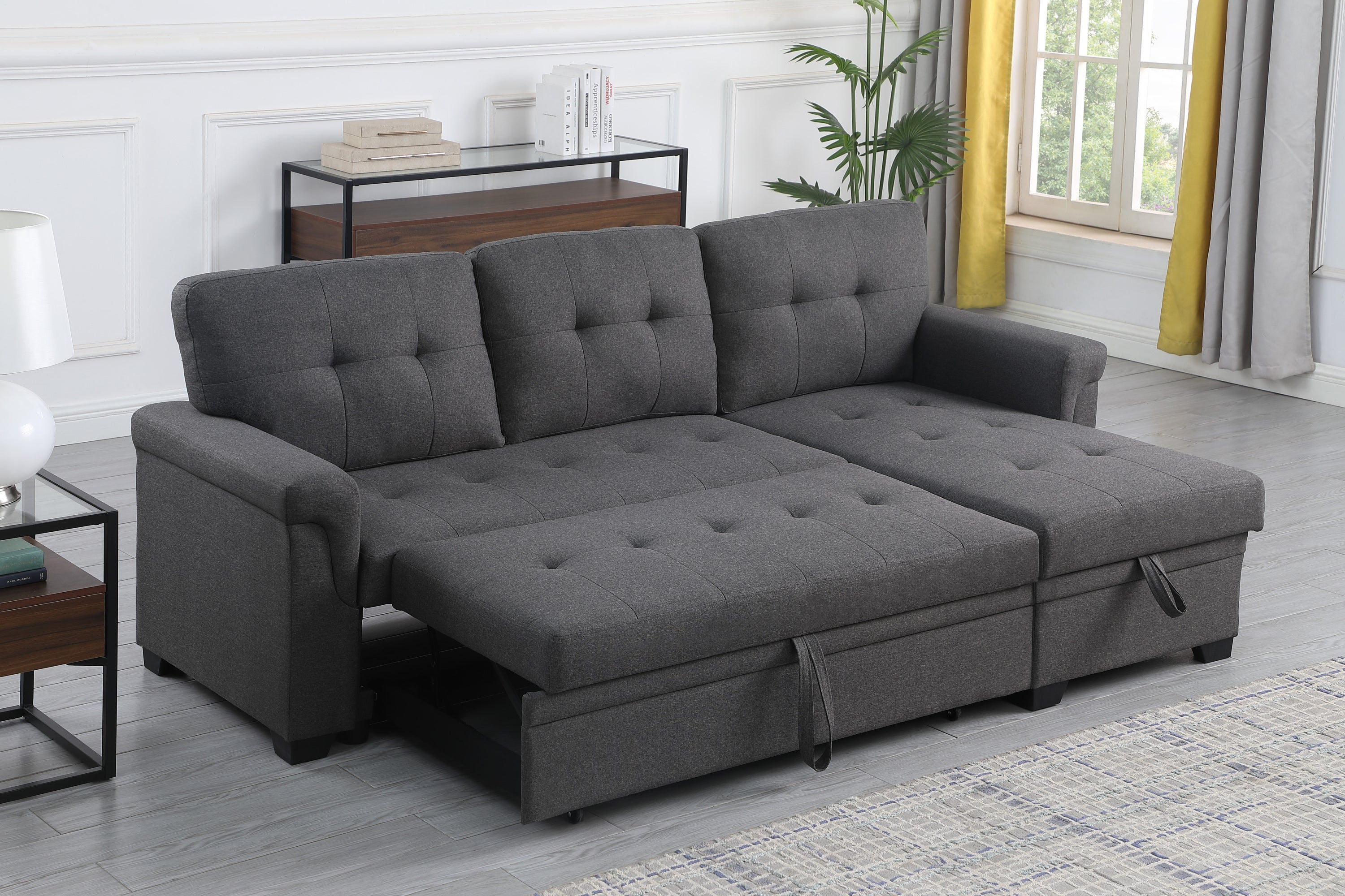 Lucca Dark Gray Linen Reversible Sleeper Sectional with Storage Chaise-Sleeper Sectionals-American Furniture Outlet