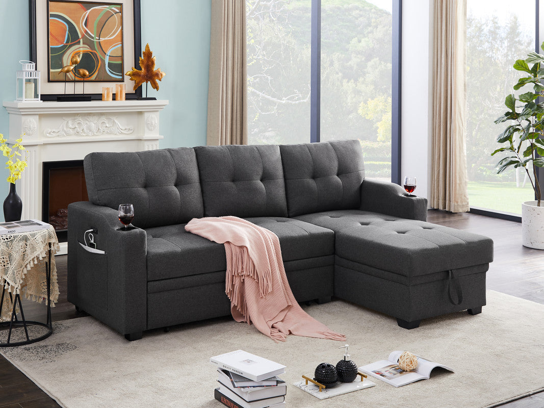 Mabel Dark Gray Sleeper Sectional | Cupholders, USB, Storage-Sleeper Sectionals-American Furniture Outlet