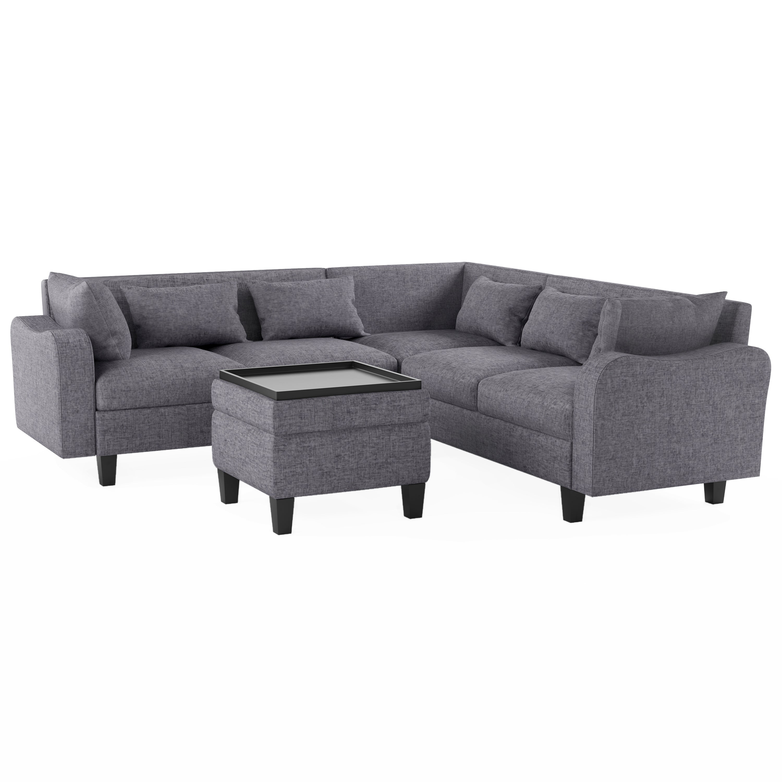 Modern 87" Sectional Sofa with Coffee Table & Storage Ottoman - 6-Seat Couch Set-Stationary Sectionals-American Furniture Outlet