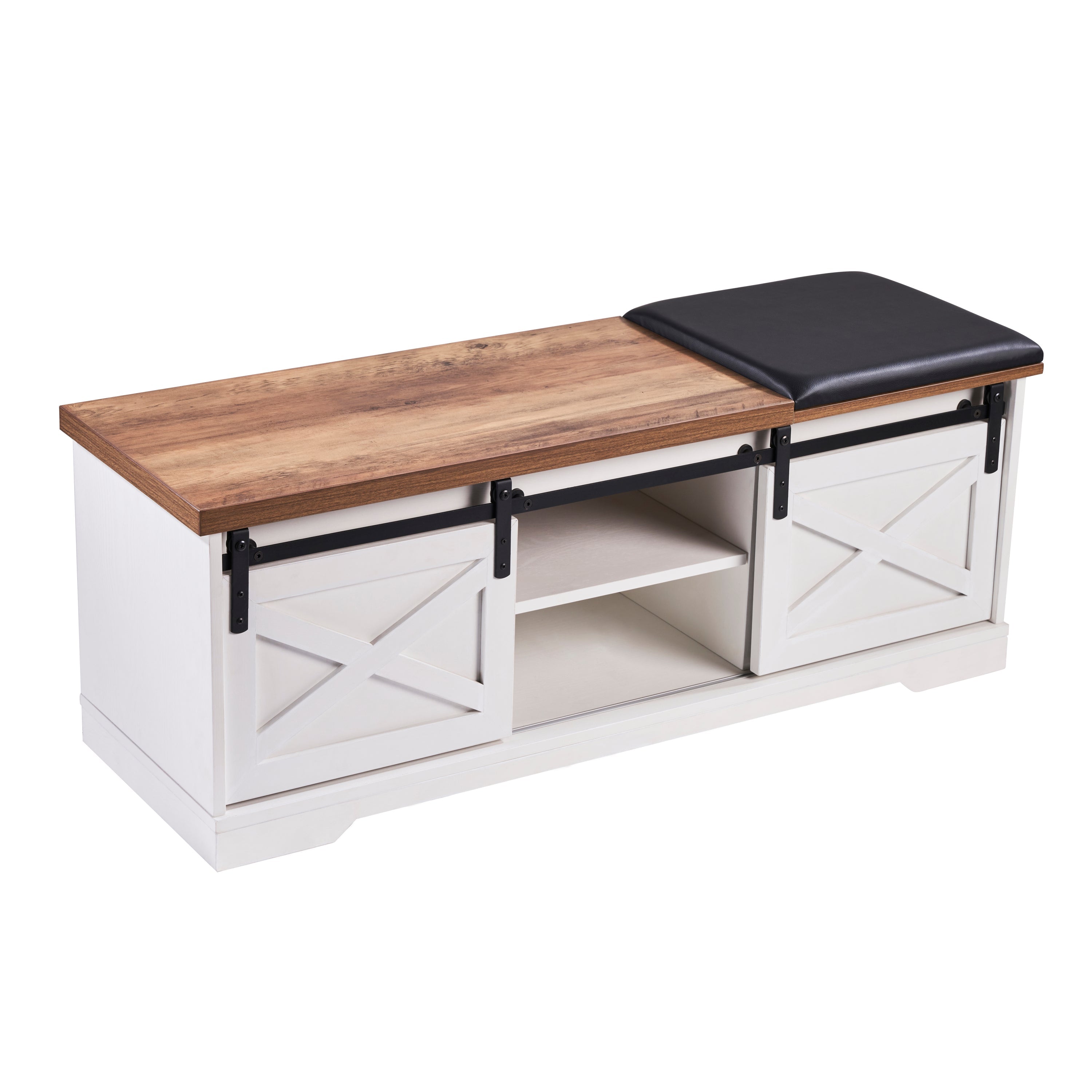 Modern Farmhouse Sliding X Barn Door Litterbox Bench, Shoe Bench