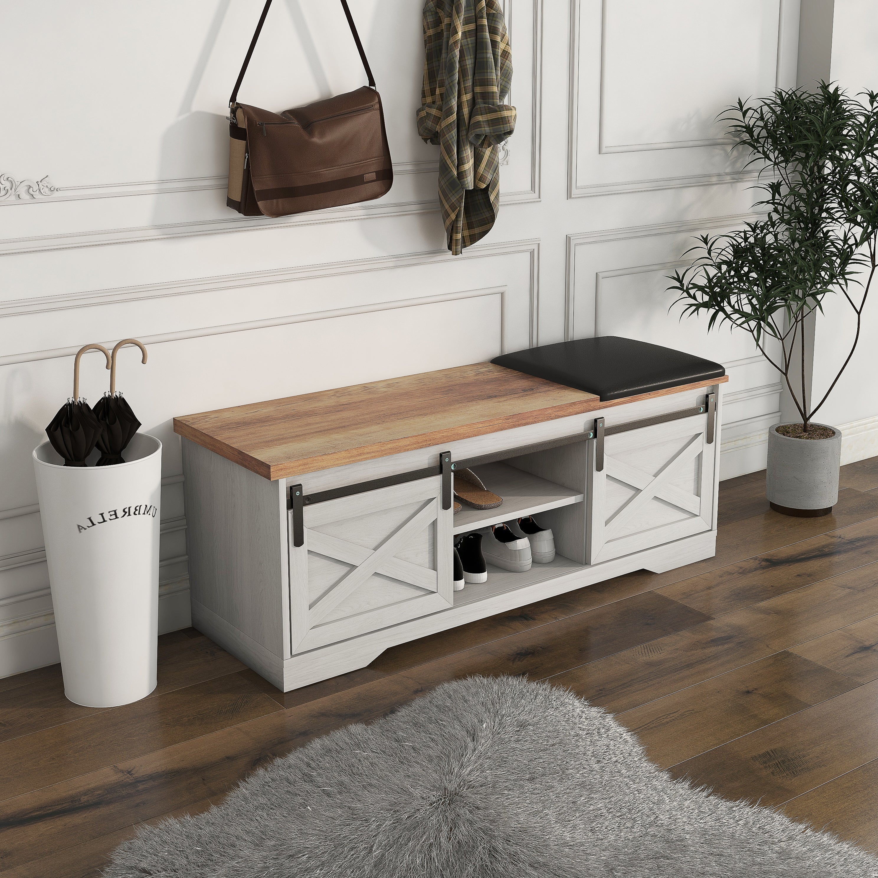 Modern Farmhouse Sliding X Barn Door Litterbox Bench, Shoe Bench