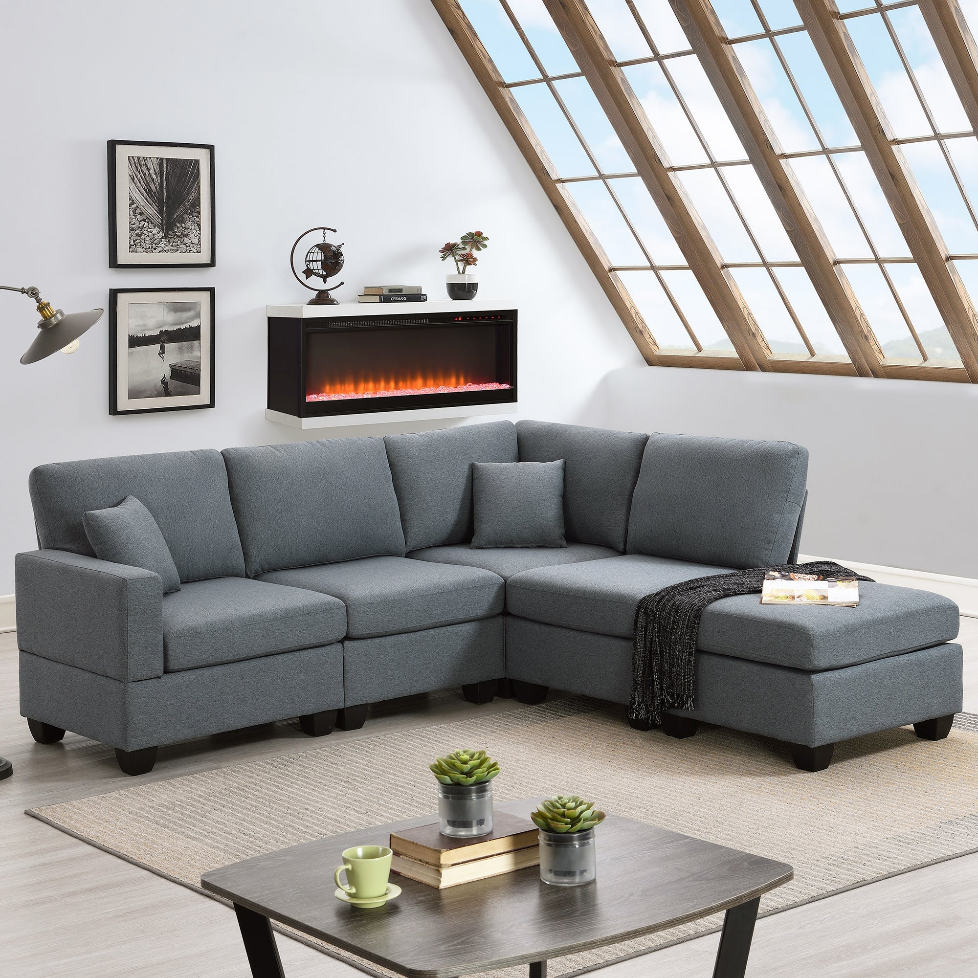 Modern L Shaped Sectional Sofa with Convertible Ottoman | Linen Fabric-Stationary Sectionals-American Furniture Outlet