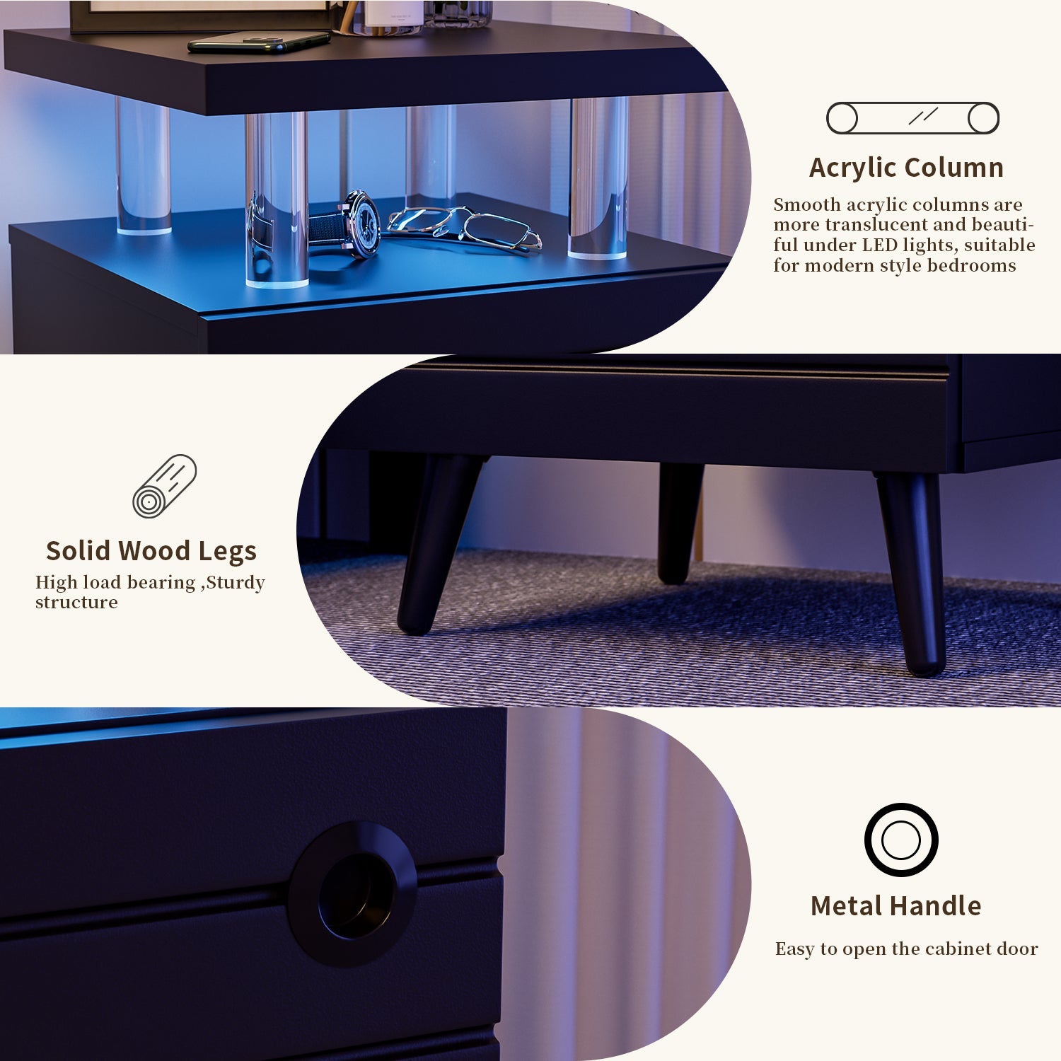 Modern LED Nightstand | LED Bedside Table with 4 Acrylic Columns | Black End Tables for Living Room & Bedroom