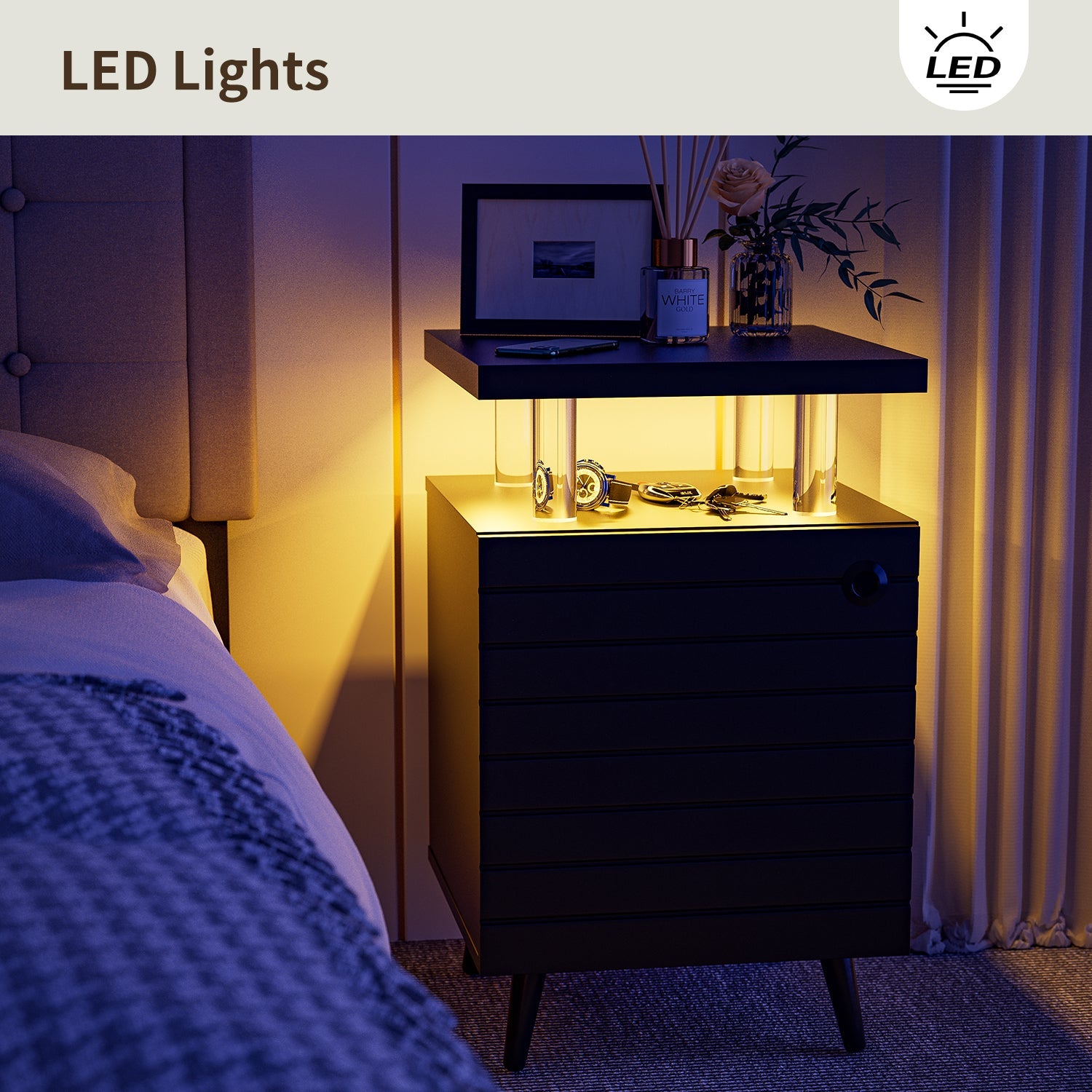 Modern LED Nightstand | LED Bedside Table with 4 Acrylic Columns | Black End Tables for Living Room & Bedroom