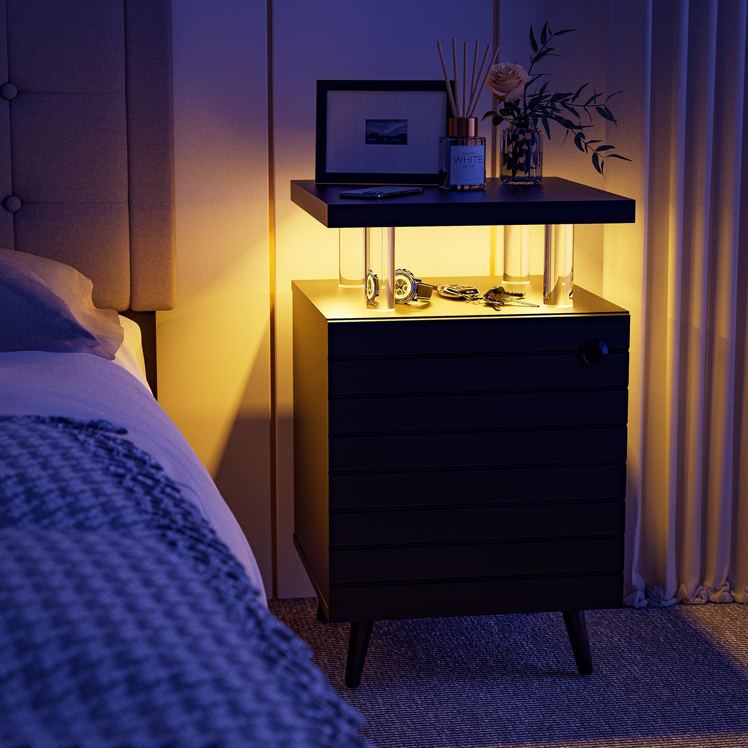 Modern LED Nightstand | LED Bedside Table with 4 Acrylic Columns | Black End Tables for Living Room & Bedroom