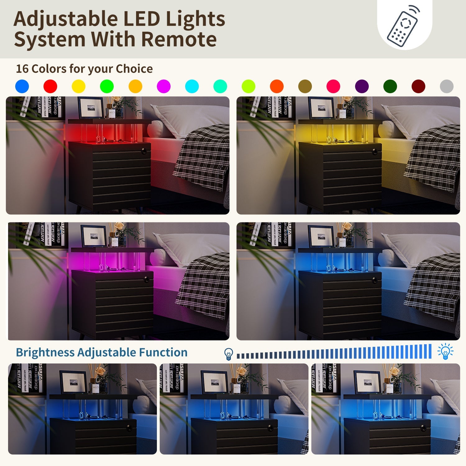 Modern LED Nightstand | LED Bedside Table with 4 Acrylic Columns | Black End Tables for Living Room & Bedroom