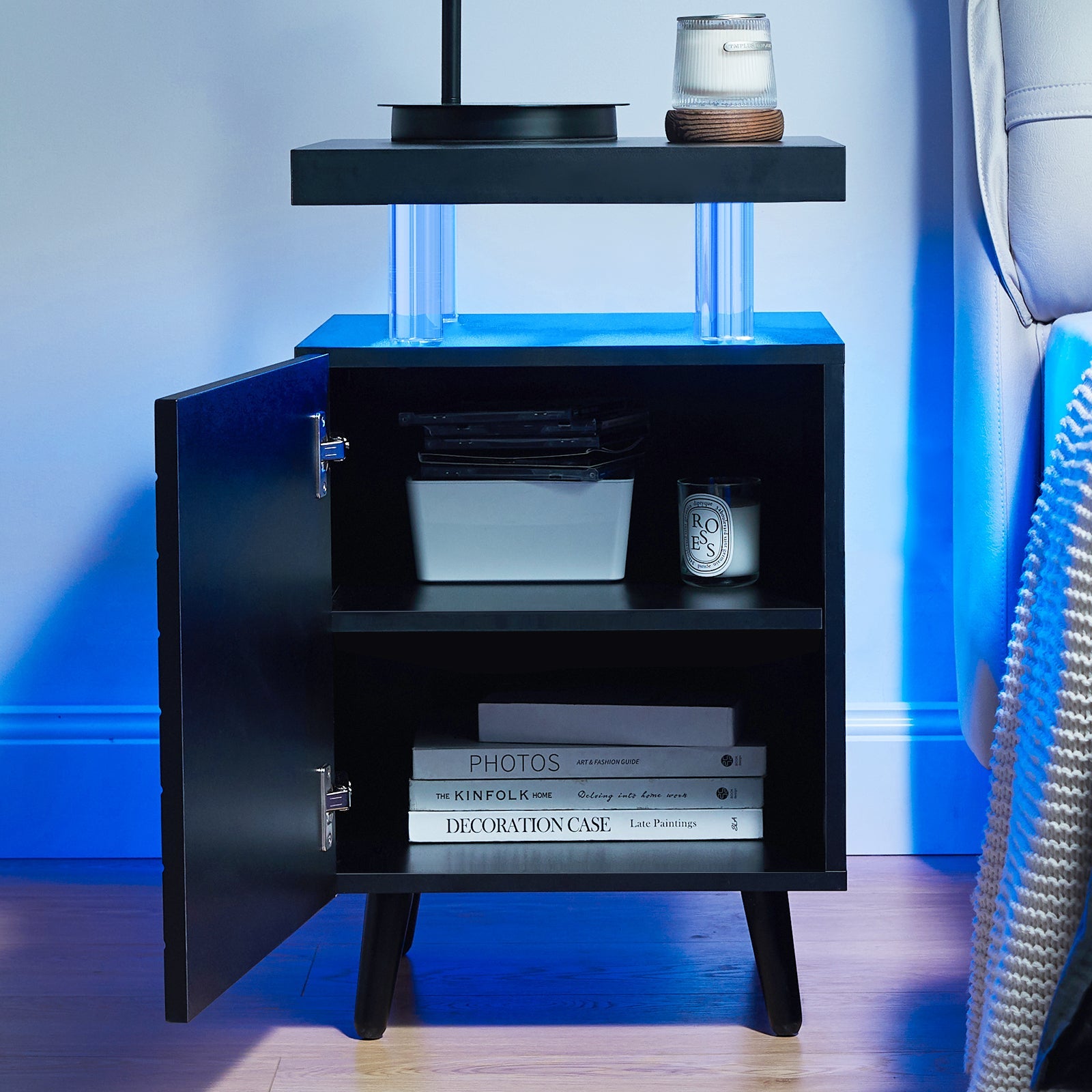 Modern LED Nightstand | LED Bedside Table with 4 Acrylic Columns | Black End Tables for Living Room & Bedroom