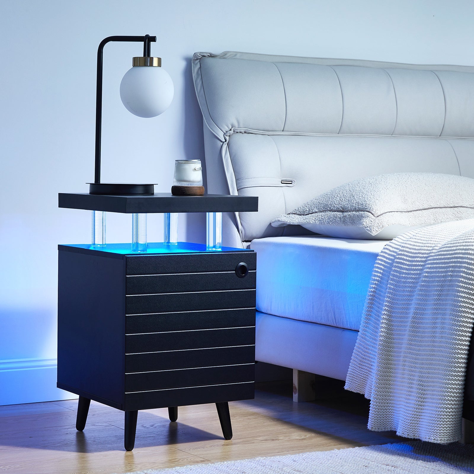 Modern LED Nightstand | LED Bedside Table with 4 Acrylic Columns | Black End Tables for Living Room & Bedroom