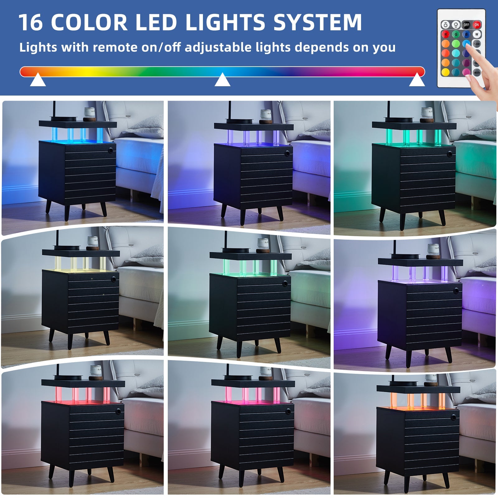 Modern LED Nightstand | LED Bedside Table with 4 Acrylic Columns | Black End Tables for Living Room & Bedroom