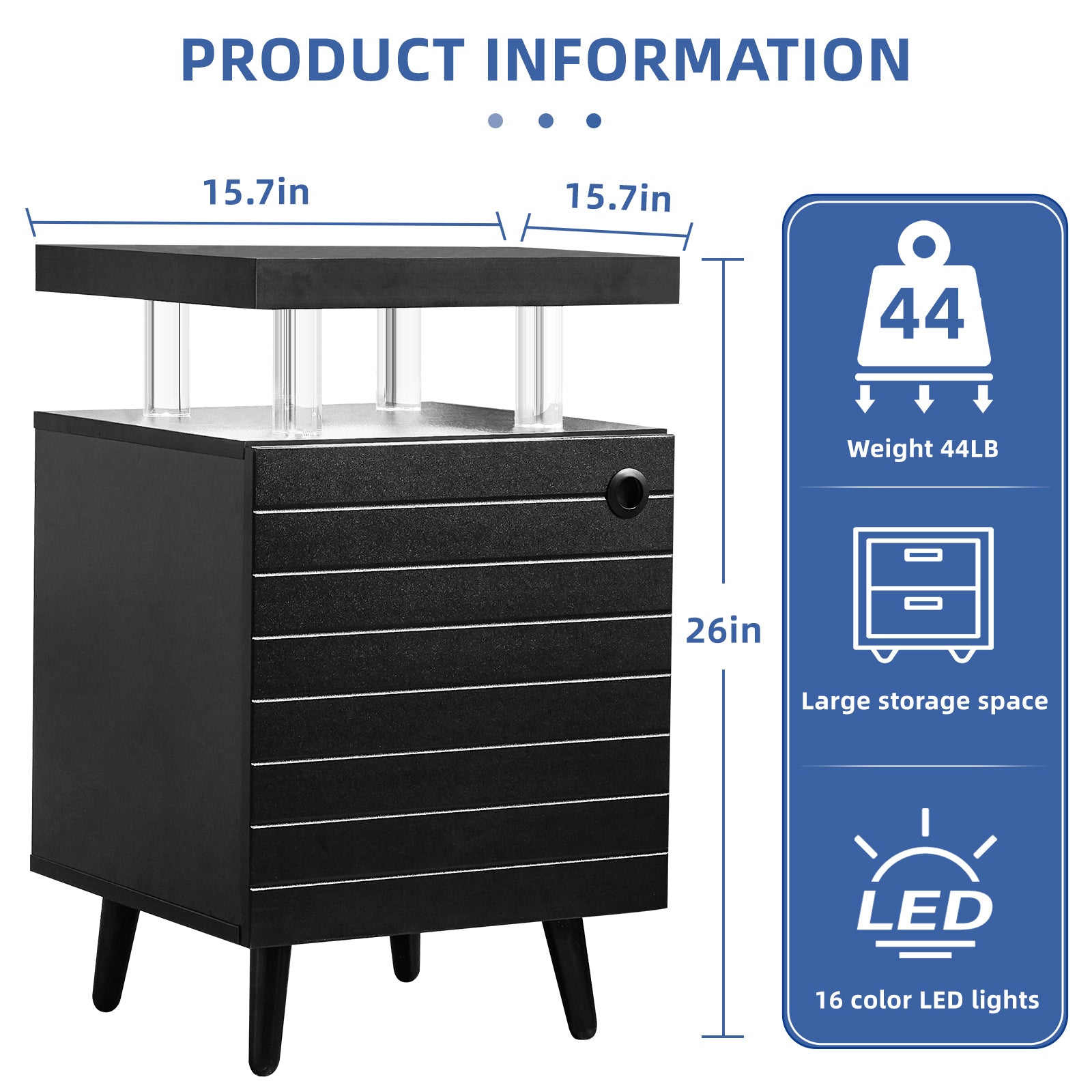 Modern LED Nightstand | LED Bedside Table with 4 Acrylic Columns | Black End Tables for Living Room & Bedroom