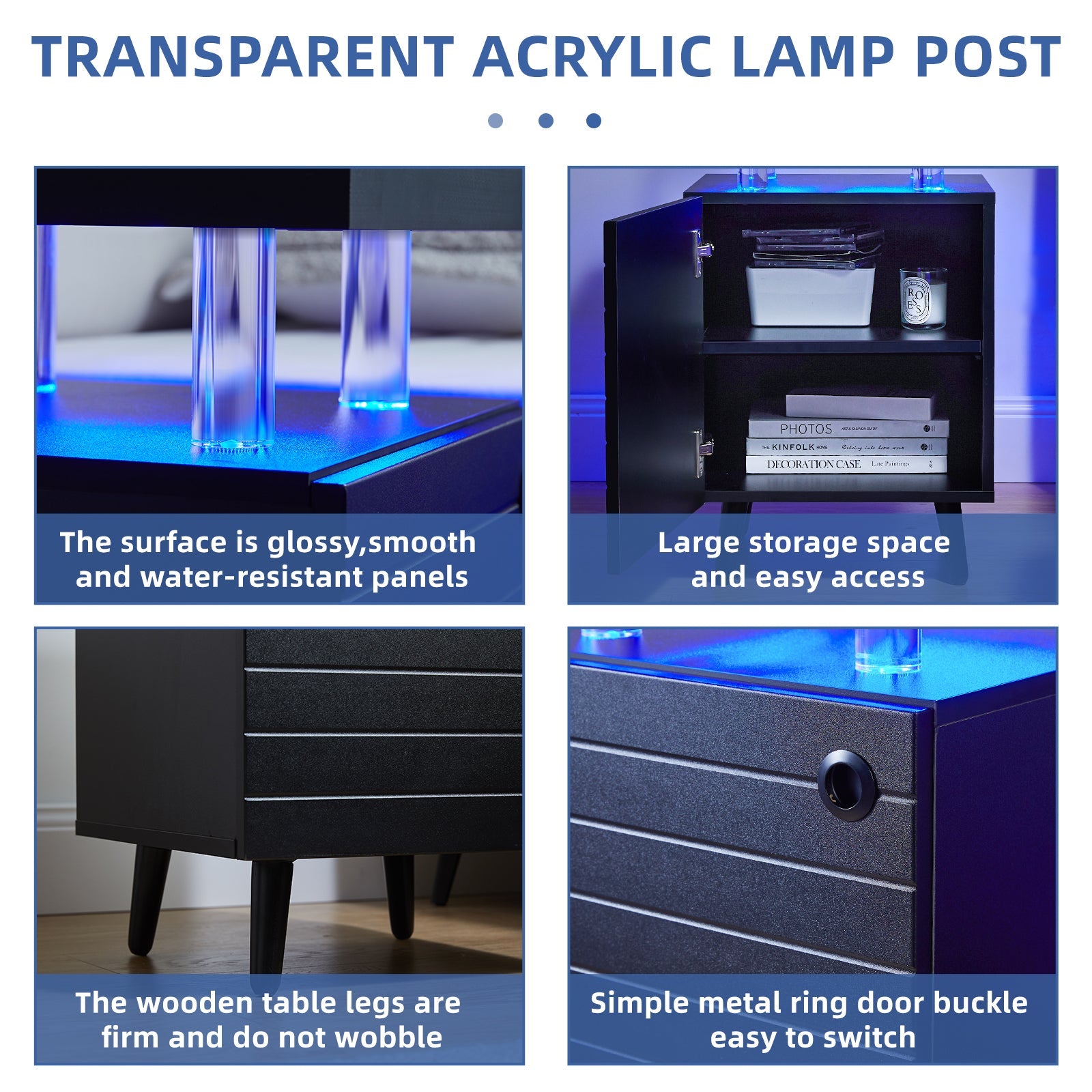 Modern LED Nightstand | LED Bedside Table with 4 Acrylic Columns | Black End Tables for Living Room & Bedroom