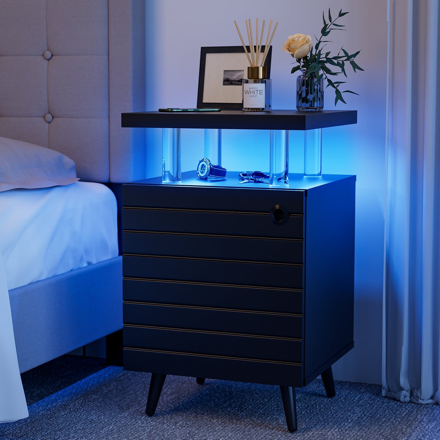 Modern LED Nightstand | LED Bedside Table with 4 Acrylic Columns | Black End Tables for Living Room & Bedroom