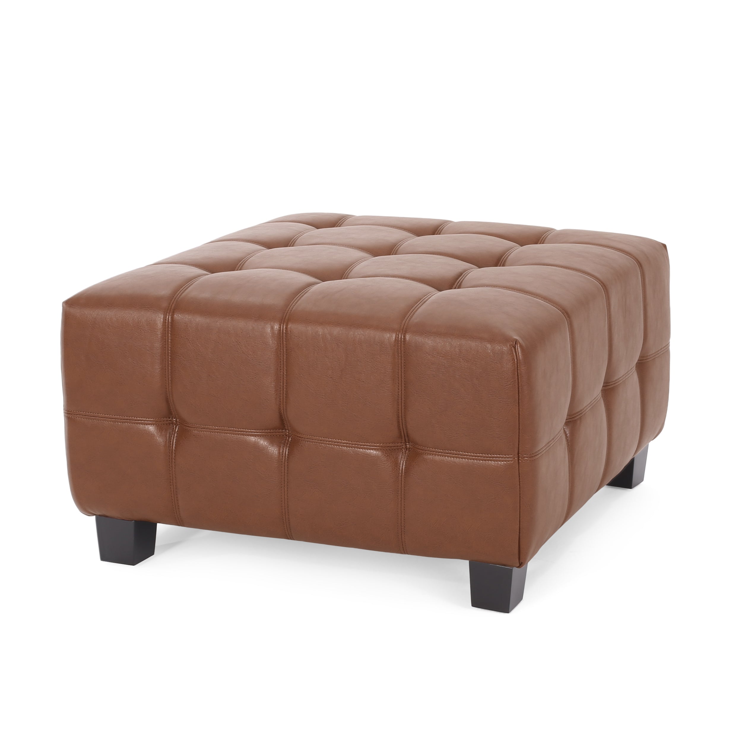 Modern Tufted Faux Leather Ottoman - Light Brown