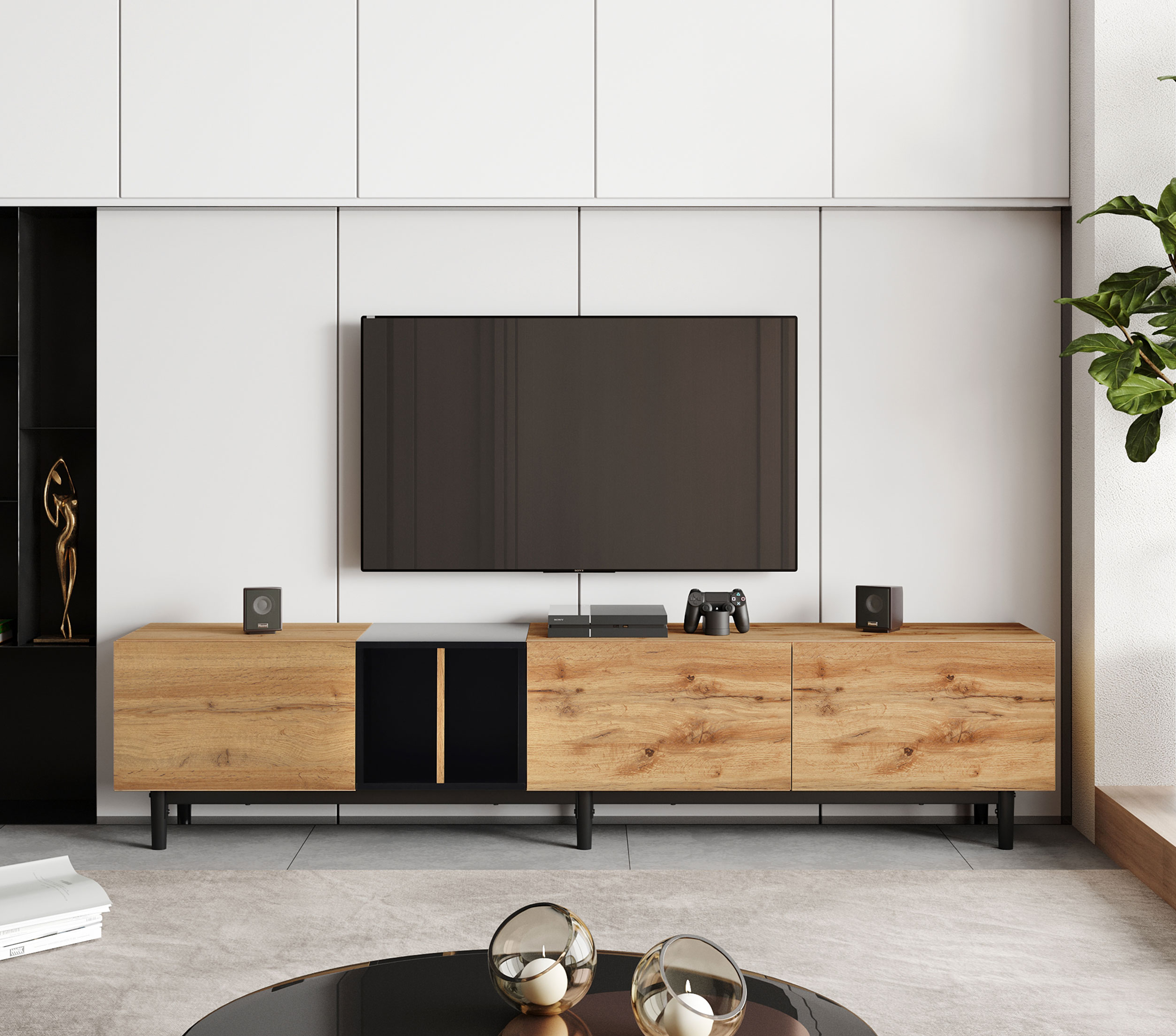 Modern TV Stand for 80'' TV, 3 Doors, Media Console Table, Large Storage Cabinet