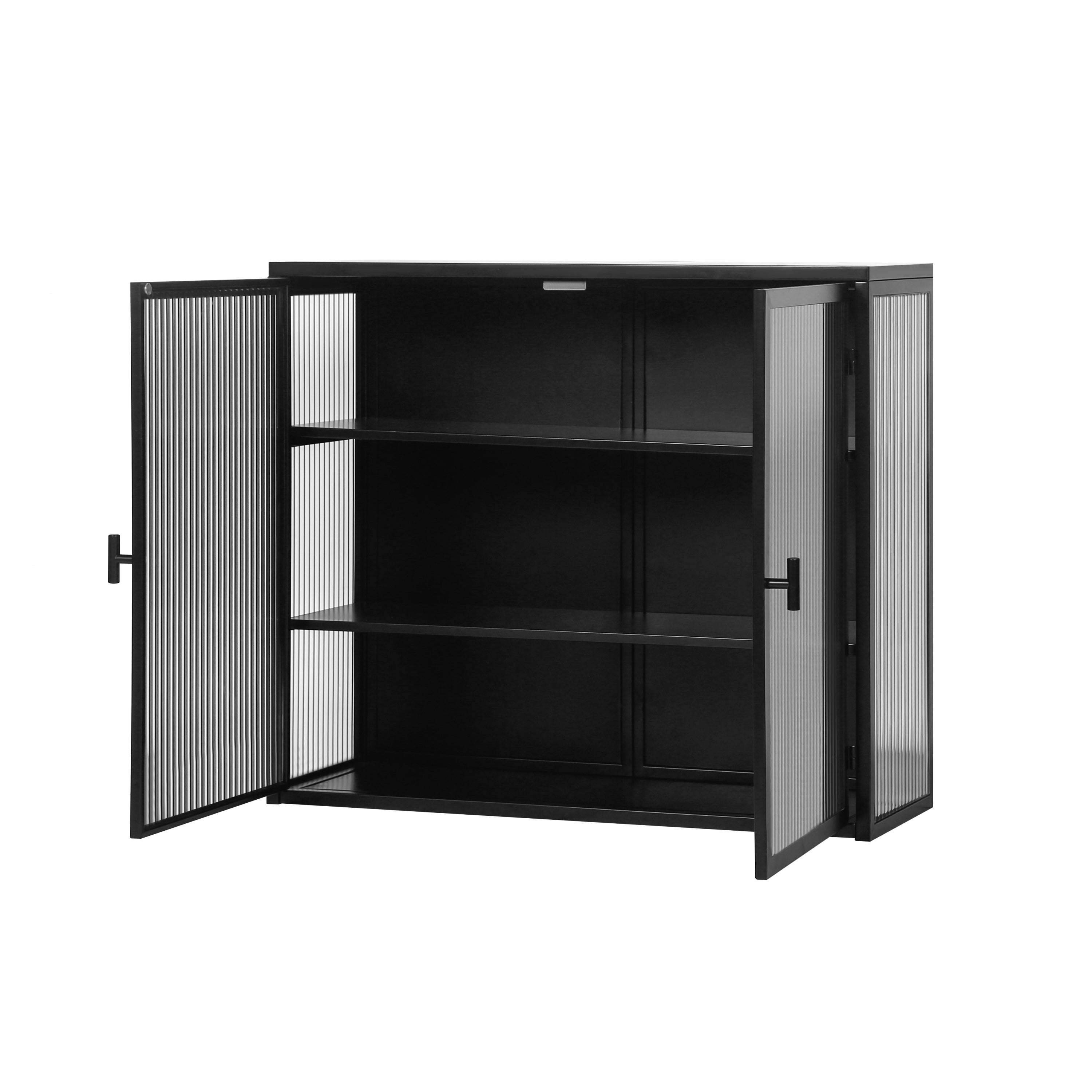 Modern Two-Door Wall Cabinet with Glass Doors | Three-Tier Storage | Ideal for Entryway, Living Room, Bathroom, Dining Room | Black