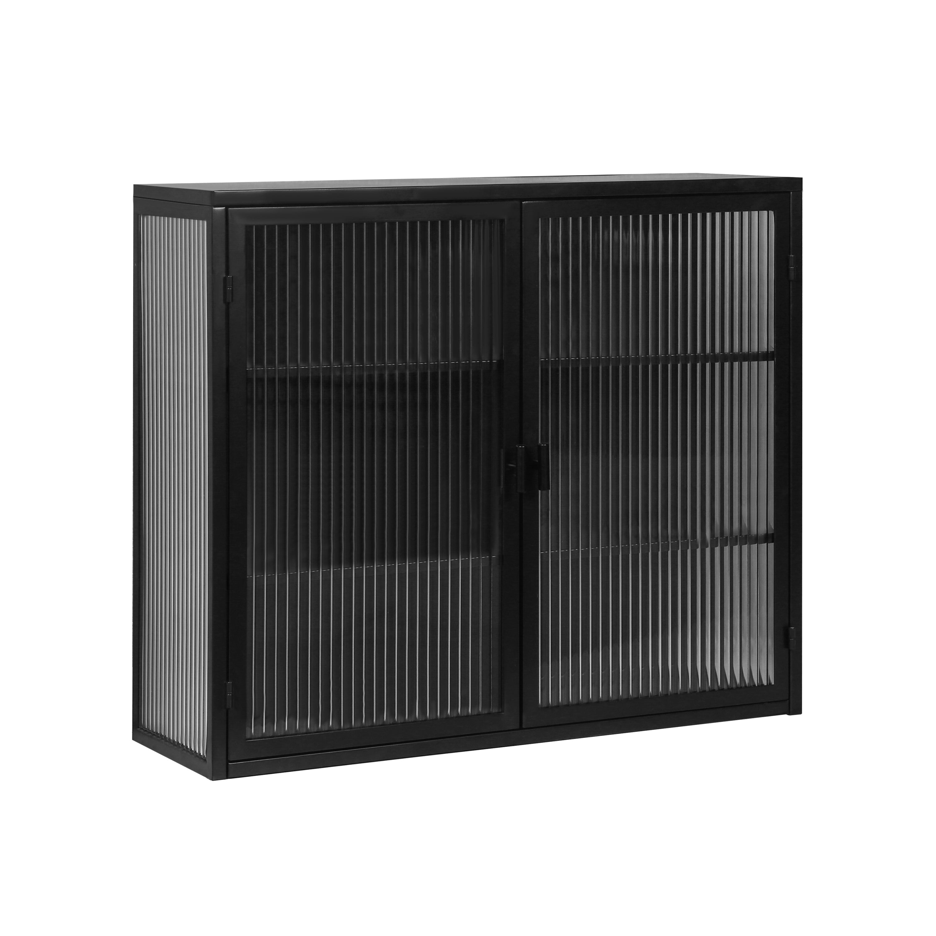 Modern Two-Door Wall Cabinet with Glass Doors | Three-Tier Storage | Ideal for Entryway, Living Room, Bathroom, Dining Room | Black