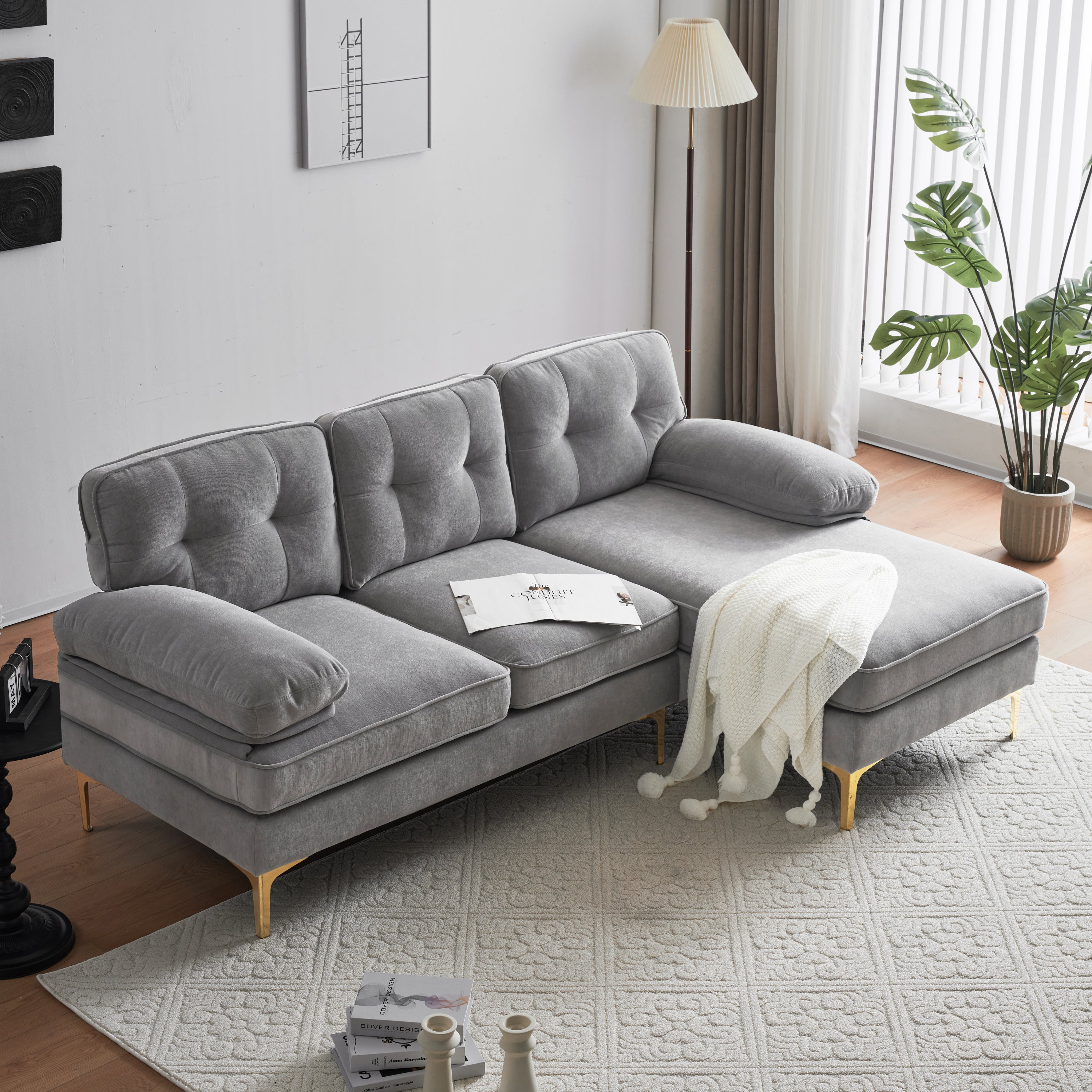 Modern Velvet L-Shaped Sectional Sofas for Living Room, Bedroom | Light Grey | Stylish and Comfortable Addition to Your Home Decor-Stationary Sectionals-American Furniture Outlet
