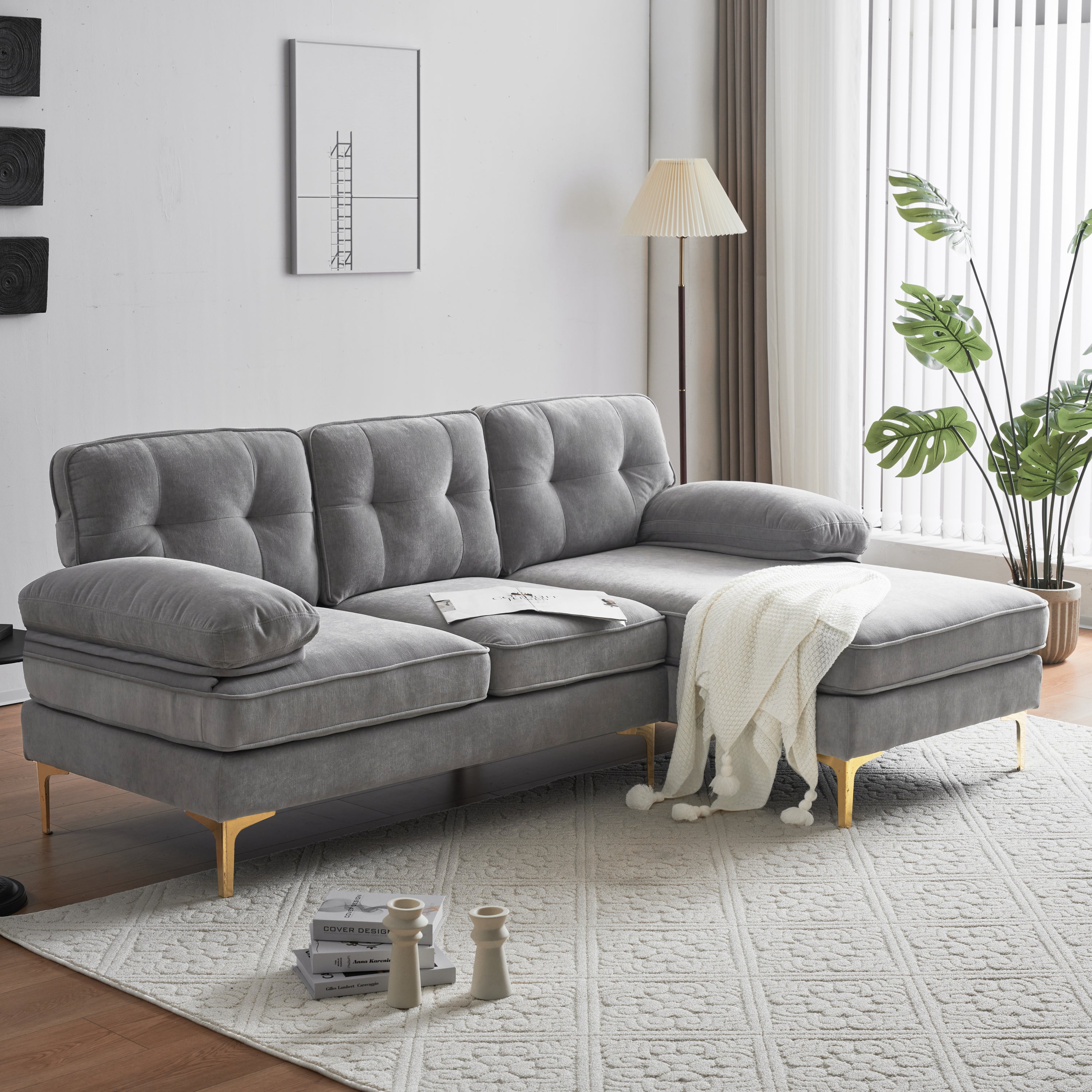 Modern Velvet L-Shaped Sectional Sofas for Living Room, Bedroom | Light Grey | Stylish and Comfortable Addition to Your Home Decor-Stationary Sectionals-American Furniture Outlet
