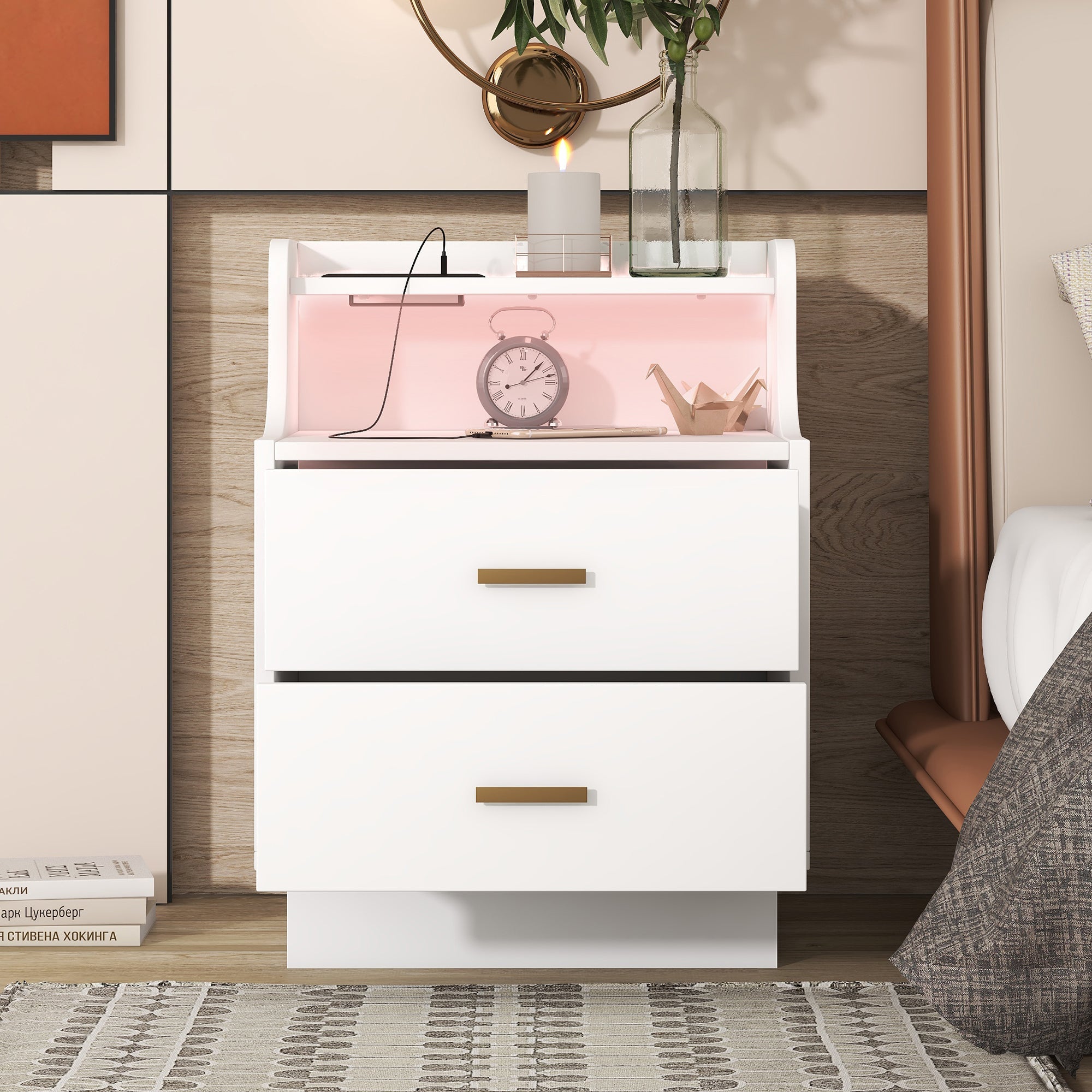 Multifunctional Nightstand with 2 Drawers, USB Charging, and Color-Changing LED - White