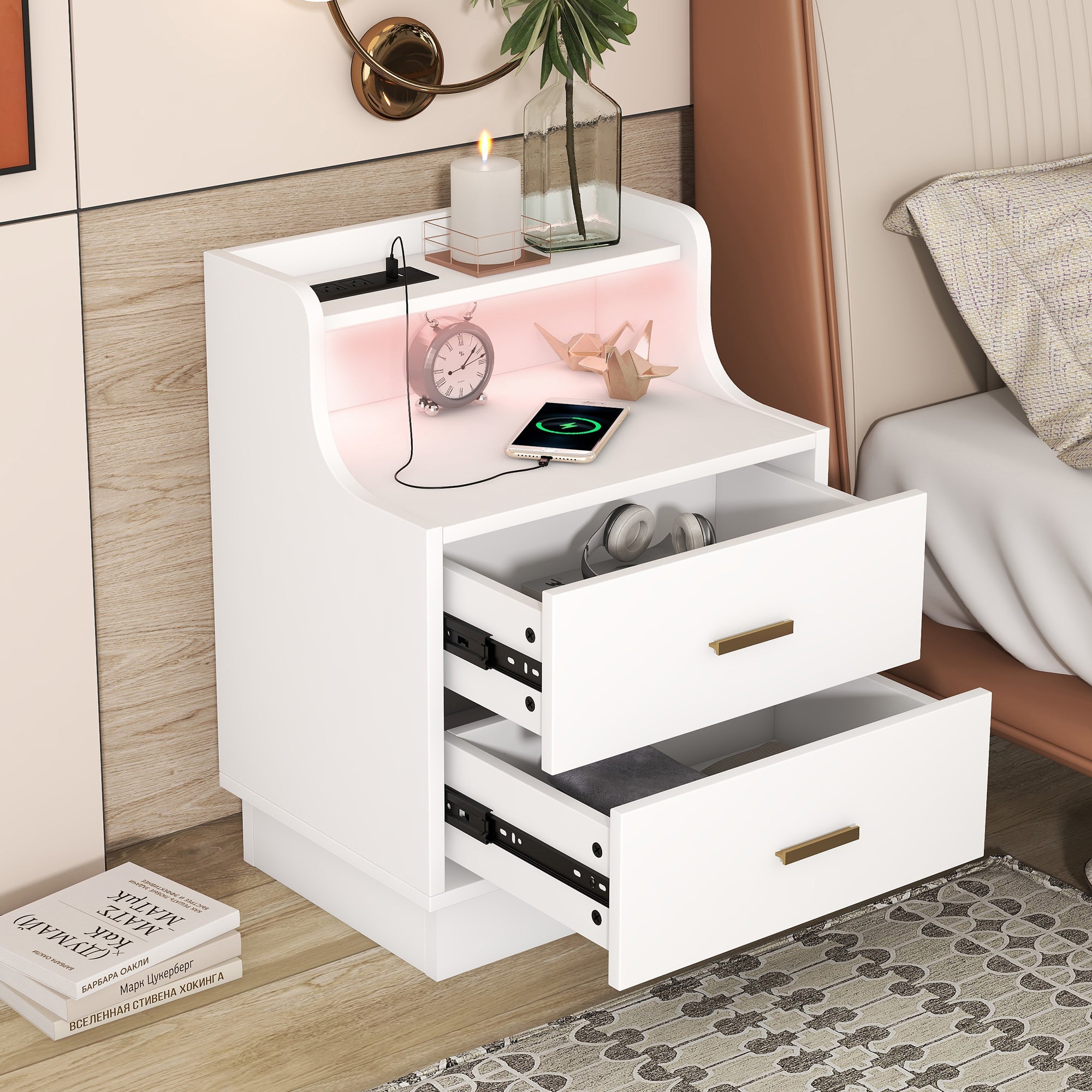 Multifunctional Nightstand with 2 Drawers, USB Charging, and Color-Changing LED - White