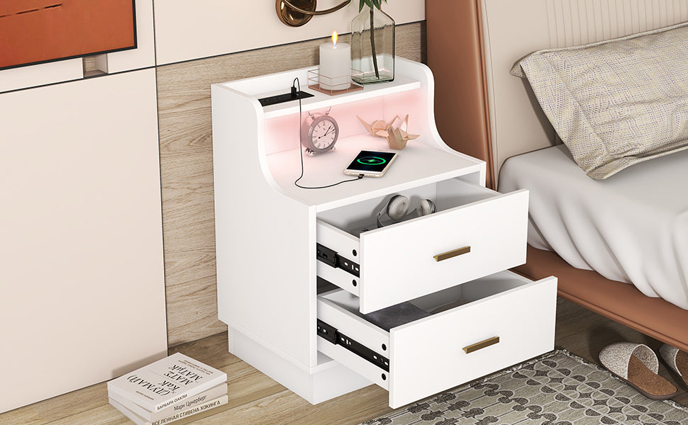 Multifunctional Nightstand with 2 Drawers, USB Charging, and Color-Changing LED - White