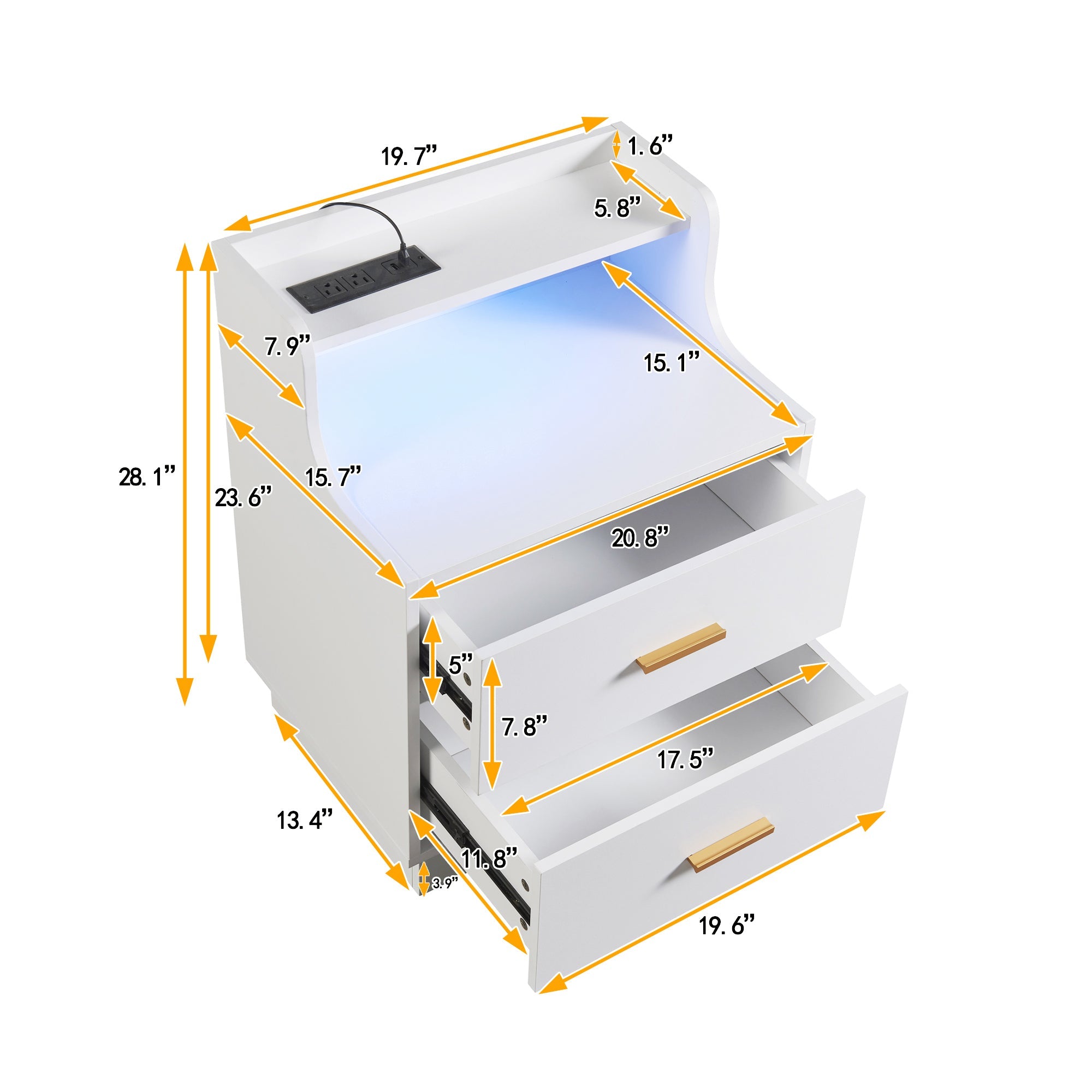 Multifunctional Nightstand with 2 Drawers, USB Charging, and Color-Changing LED - White