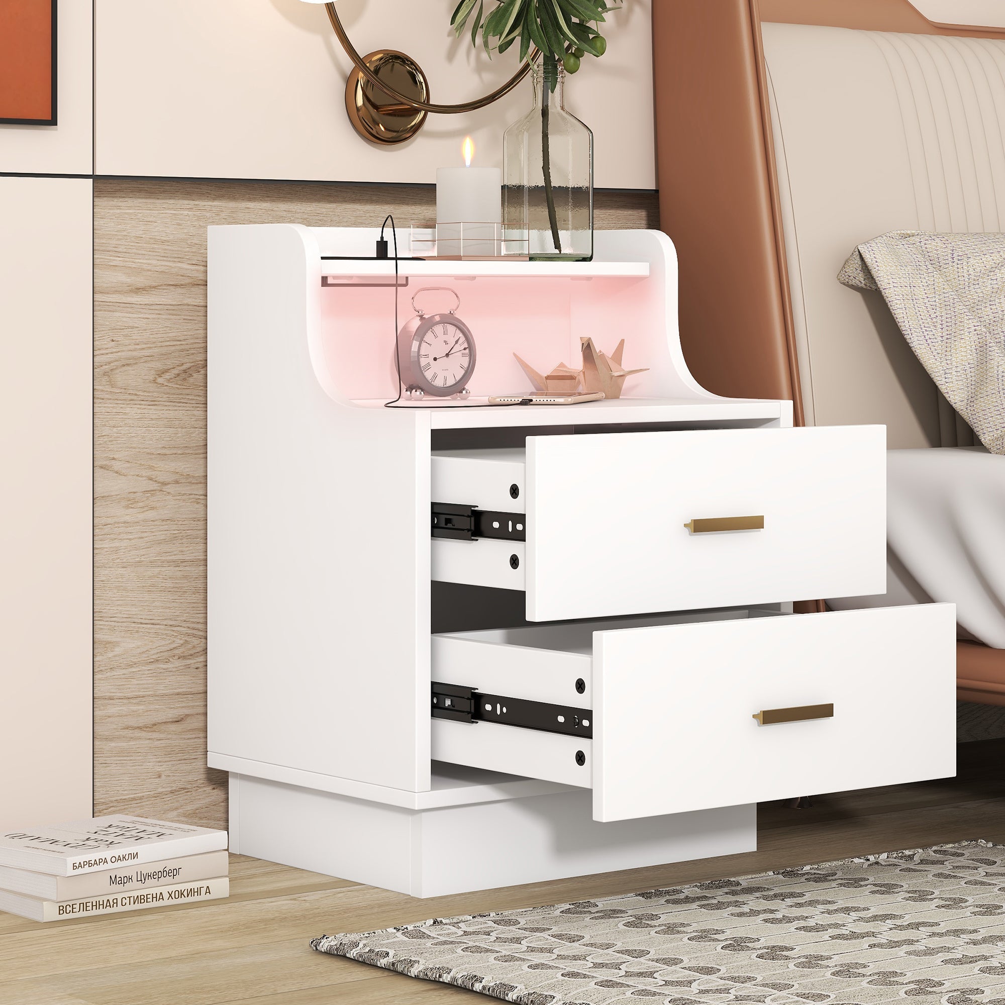 Multifunctional Nightstand with 2 Drawers, USB Charging, and Color-Changing LED - White