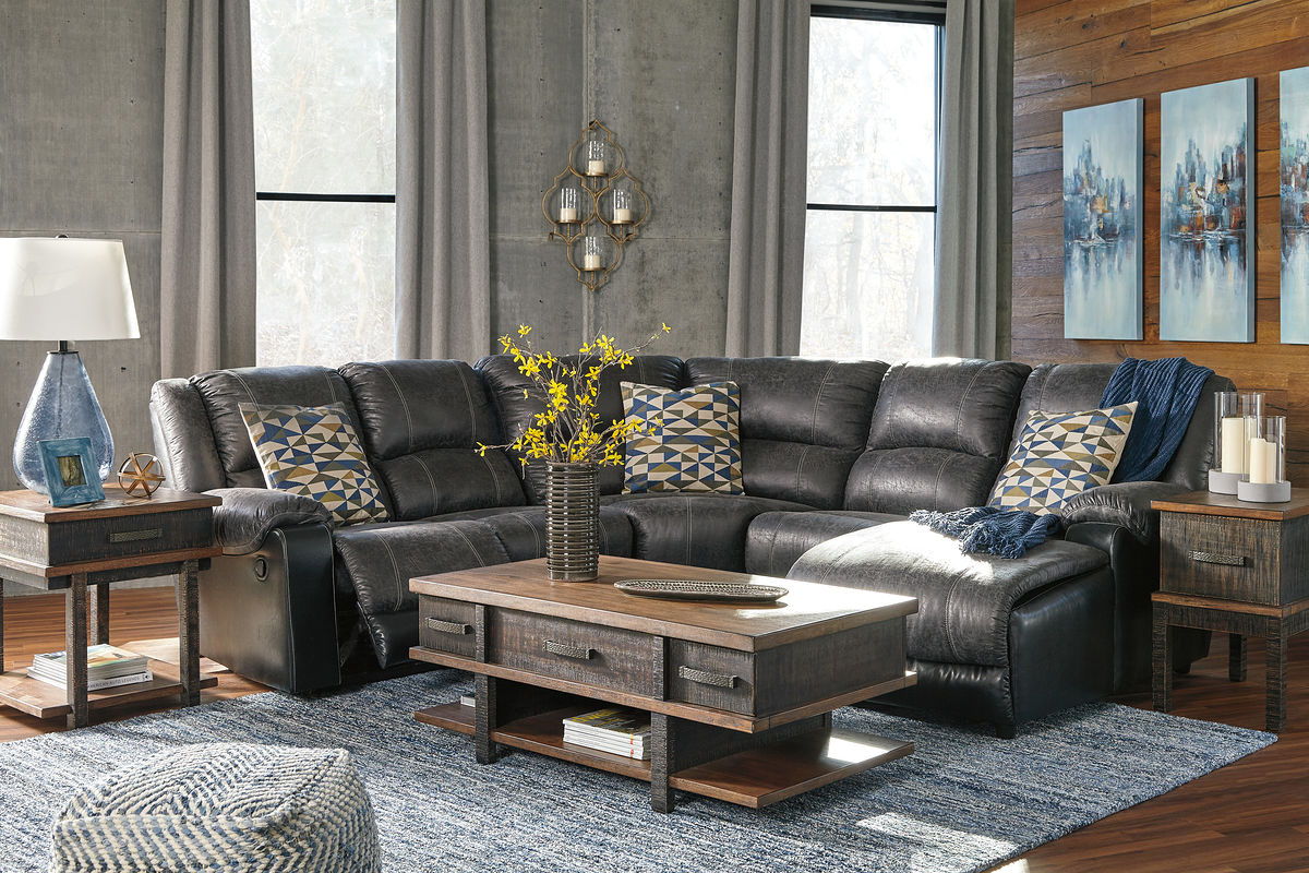 Nantahala Dark Gray Reclining Sectional With Chaise-Reclining Sectionals-American Furniture Outlet