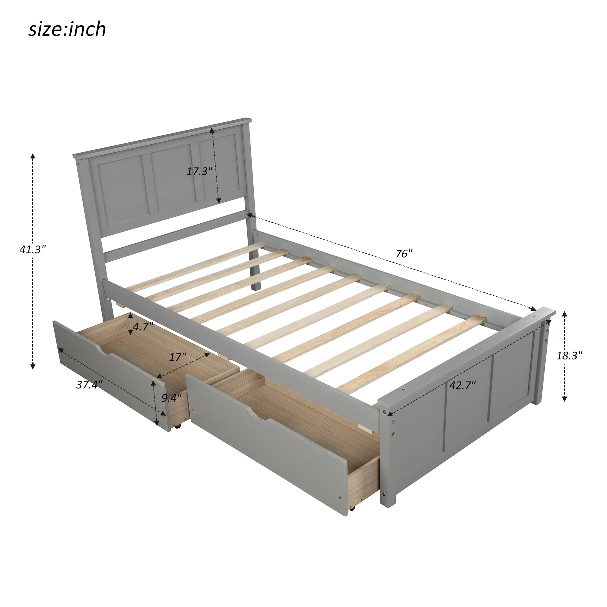 New SKU: WF283062AAE - Gray Twin Platform Storage Bed with 2 Drawers on Wheels - Space-Saving Solution