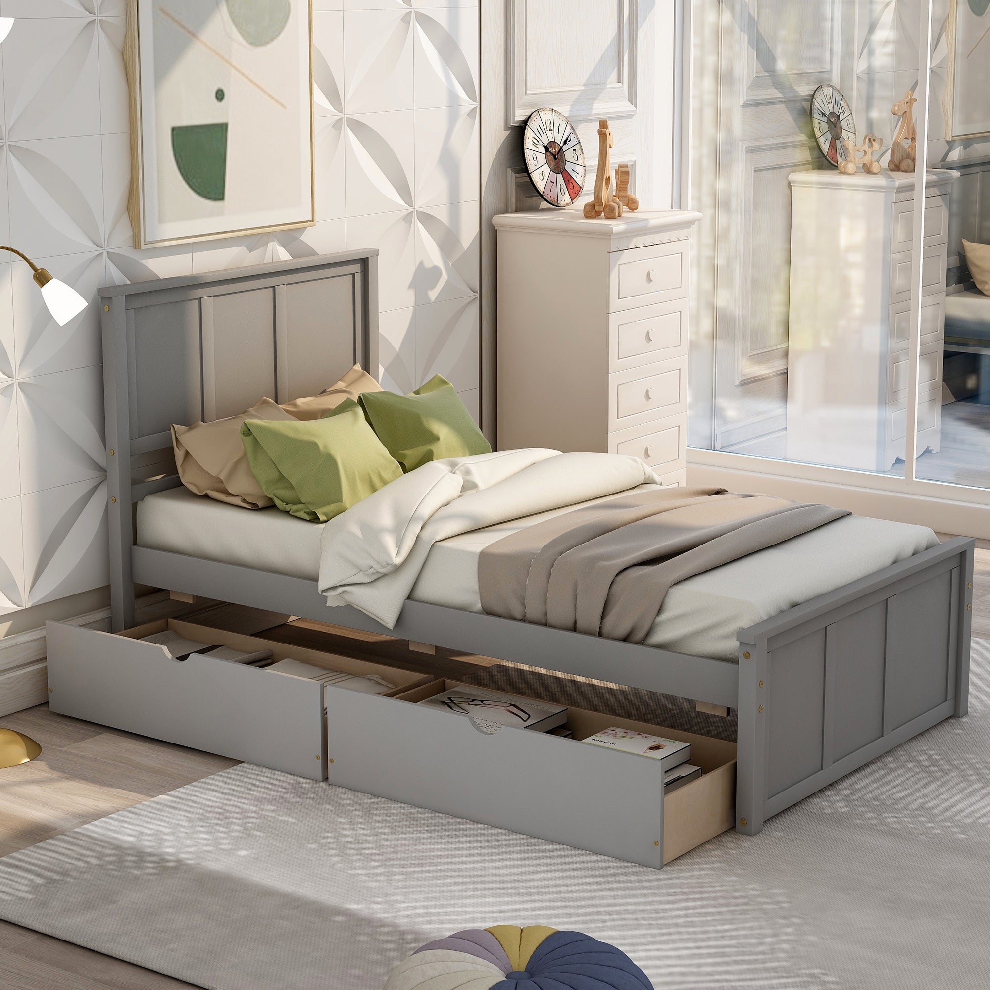 New SKU: WF283062AAE - Gray Twin Platform Storage Bed with 2 Drawers on Wheels - Space-Saving Solution