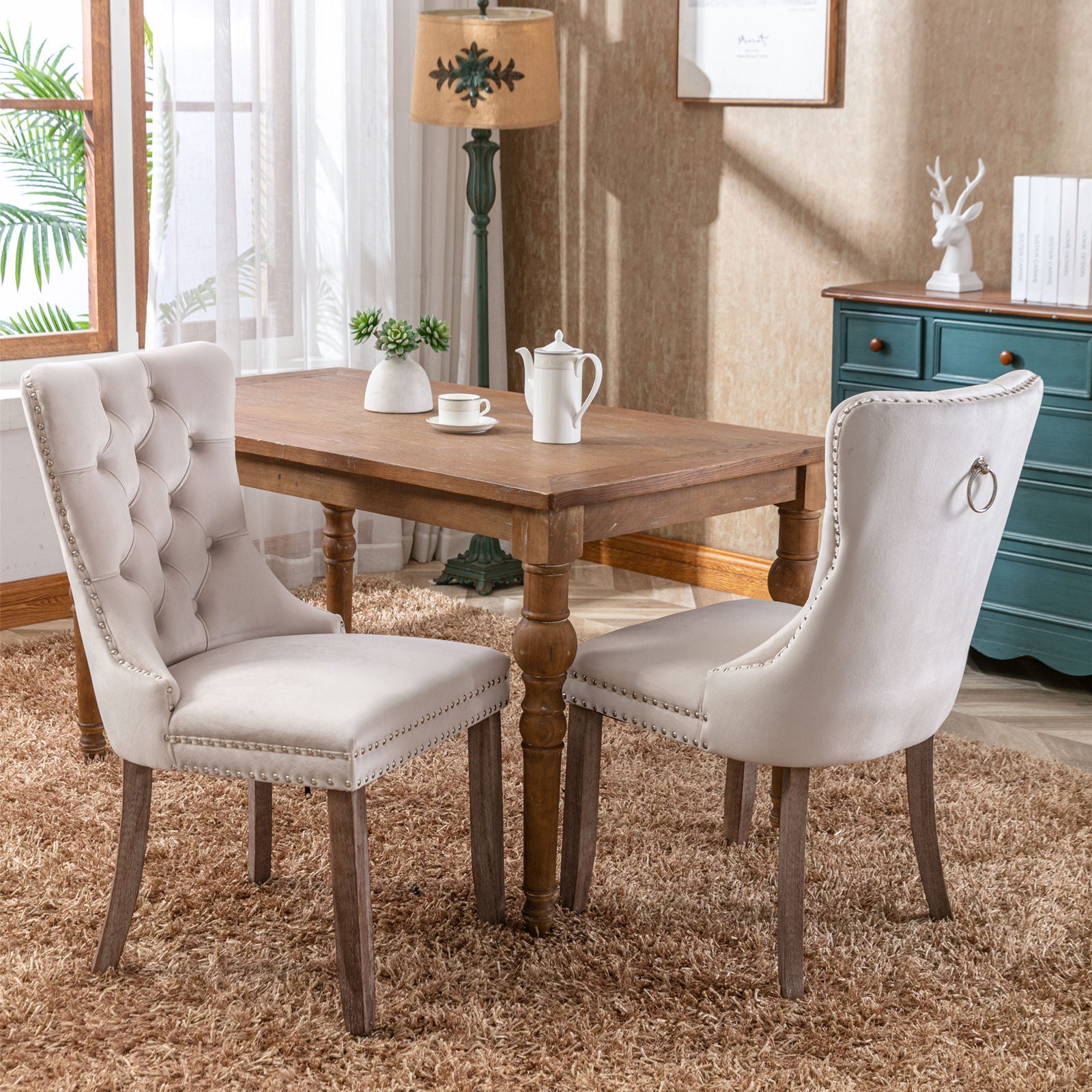 Nikki Collection Modern Tufted Dining Chair Set - High-End Velvet Upholstery - Solid Wood Legs, Nailhead Trim - Elegant Beige (SW2001BG) - 2-Pcs