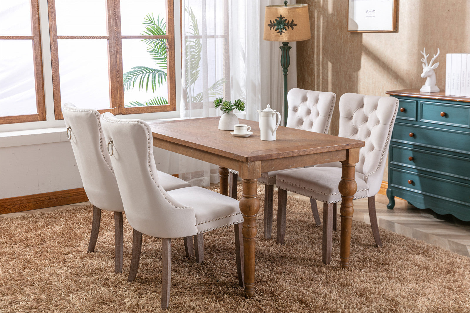 Nikki Collection Modern Tufted Dining Chair Set - High-End Velvet Upholstery - Solid Wood Legs, Nailhead Trim - Elegant Beige (SW2001BG) - 2-Pcs