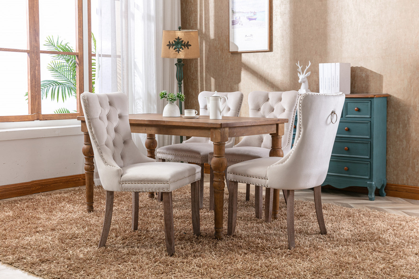 Nikki Collection Modern Tufted Dining Chair Set - High-End Velvet Upholstery - Solid Wood Legs, Nailhead Trim - Elegant Beige (SW2001BG) - 2-Pcs