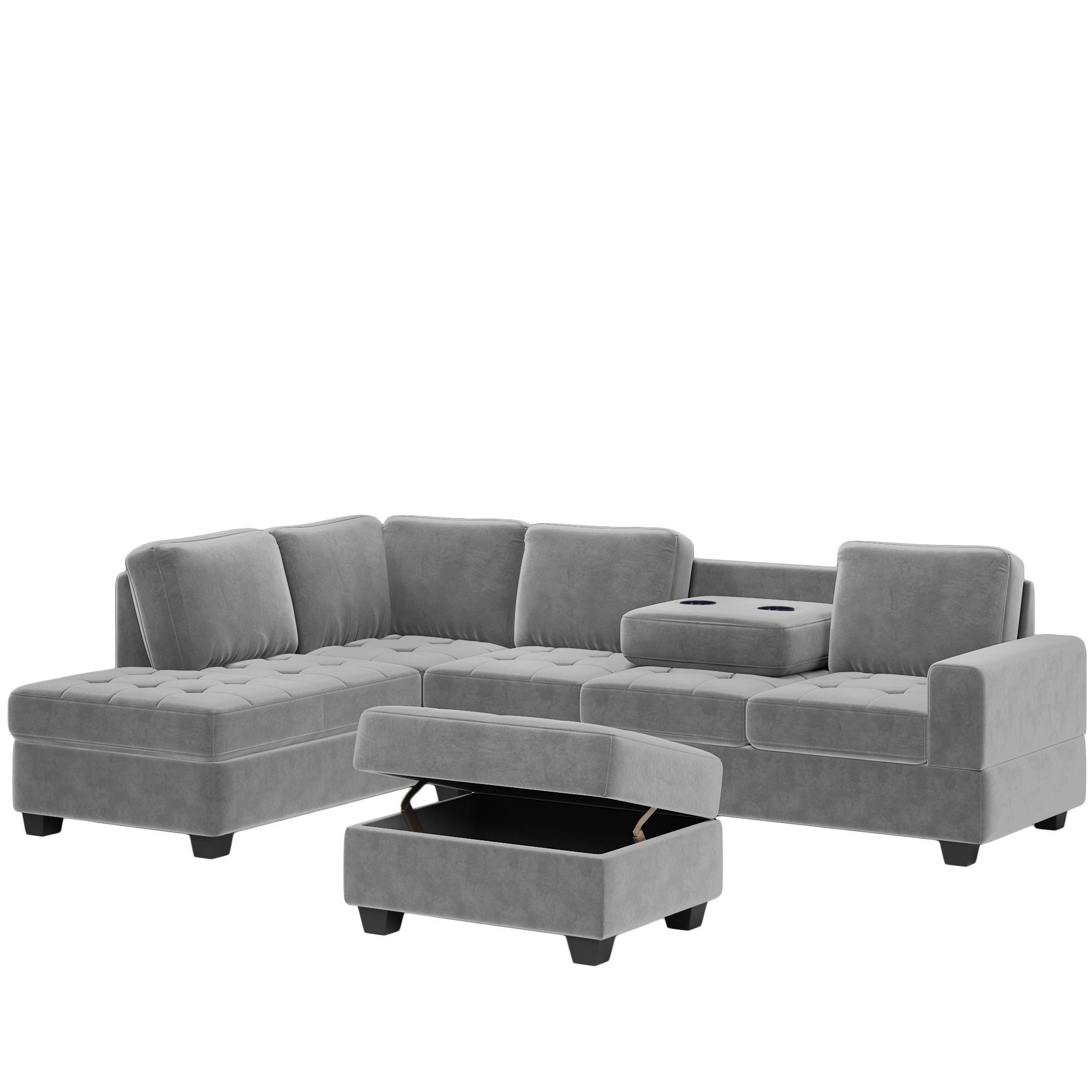Oris fur Modern Sectional Sofa: Reversible Chaise, L-Shaped Couch Set with Storage Ottoman, Two Cup Holders - Living Room Comfort-Stationary Sectionals-American Furniture Outlet