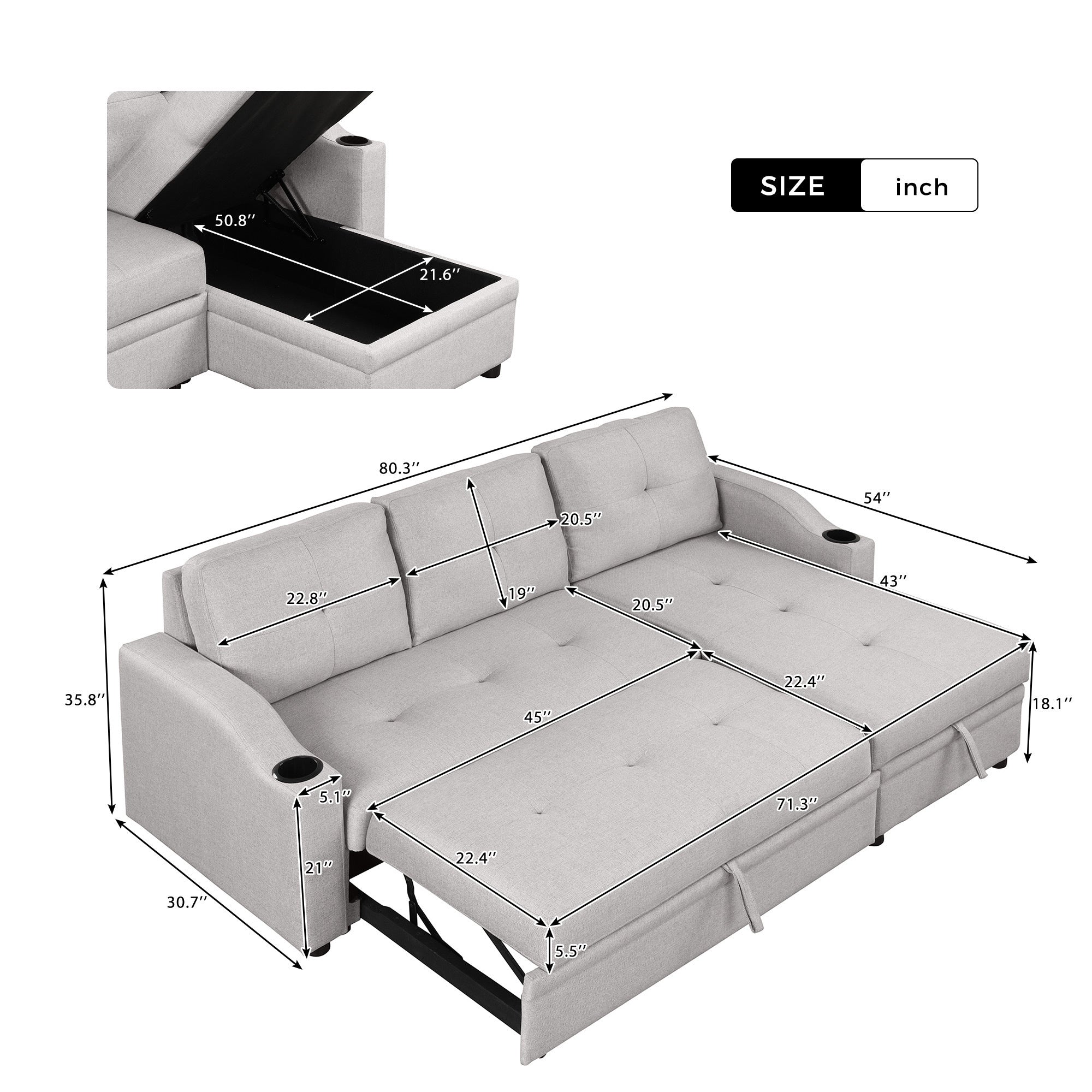 Orisfur Pull Out Sofa Bed Modern Padded Upholstered Sofa Bed | Linen Fabric 3 Seater Couch with Storage Chaise and Cup Holder | Ideal for Small Spaces-Sleeper Sofas-American Furniture Outlet
