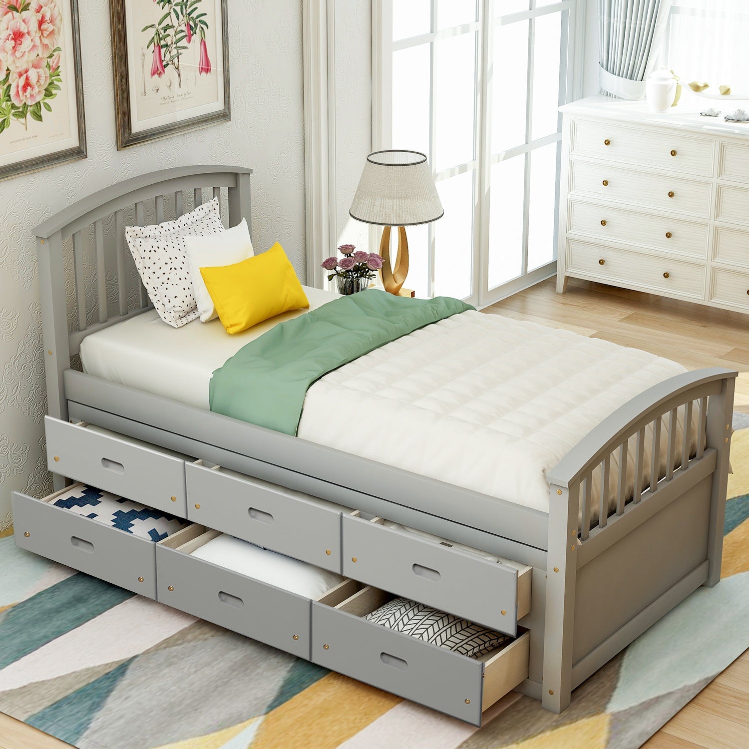 Orisfur Twin Size Platform Storage Bed | Solid Wood | 6 Drawers | Space-Saving Solution