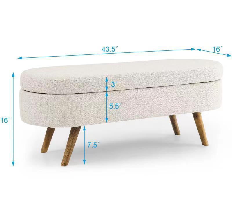 Ottoman Oval Storage Bench with Rubber Wood Legs | Beige | Stylish & Functional