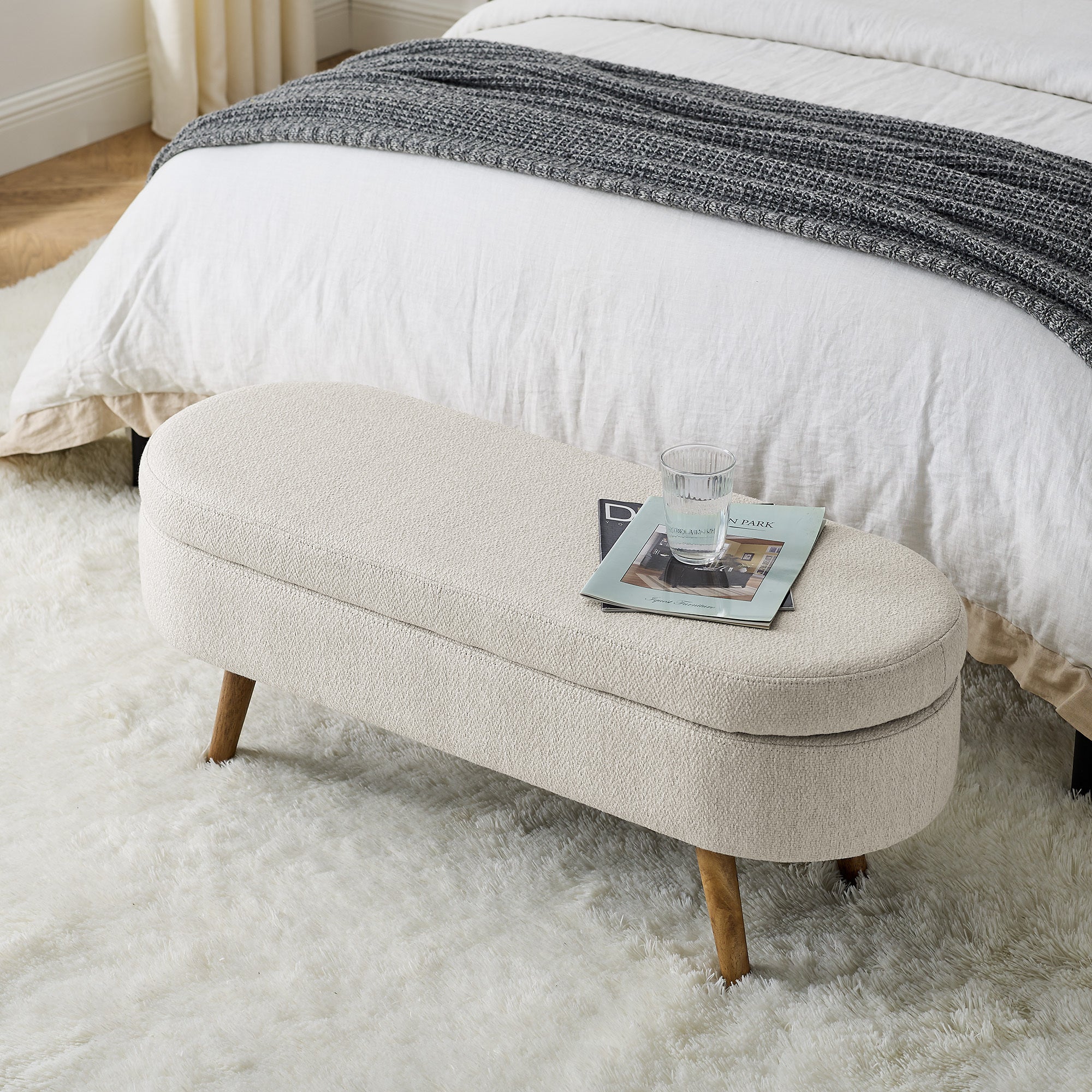 Ottoman Oval Storage Bench with Rubber Wood Legs | Beige | Stylish & Functional