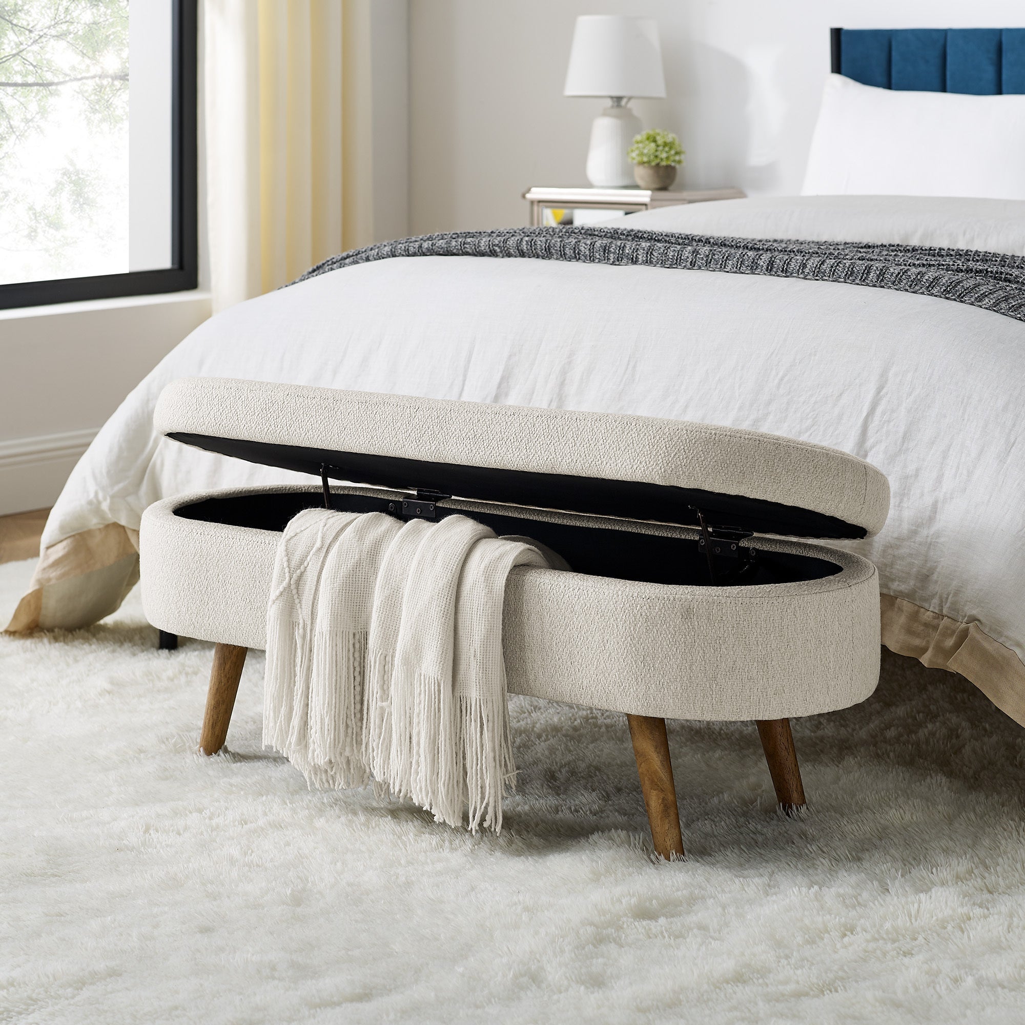 Ottoman Oval Storage Bench with Rubber Wood Legs | Beige | Stylish & Functional