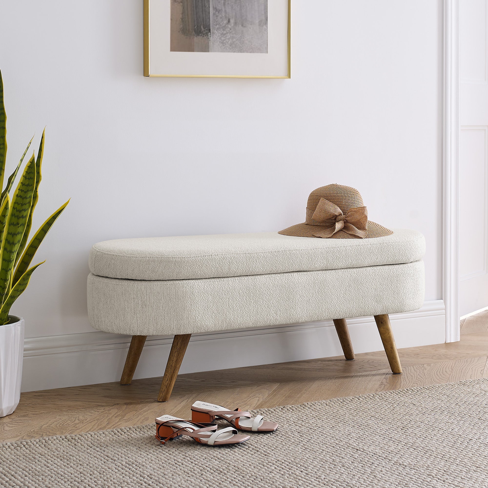 Ottoman Oval Storage Bench with Rubber Wood Legs | Beige | Stylish & Functional