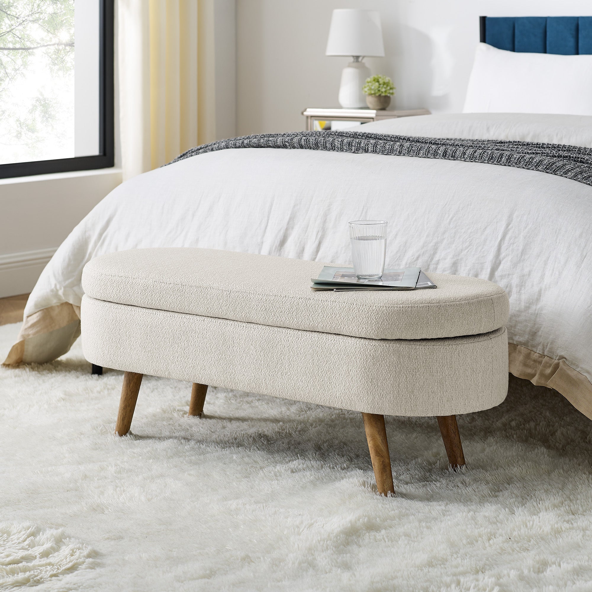 Ottoman Oval Storage Bench with Rubber Wood Legs | Beige | Stylish & Functional