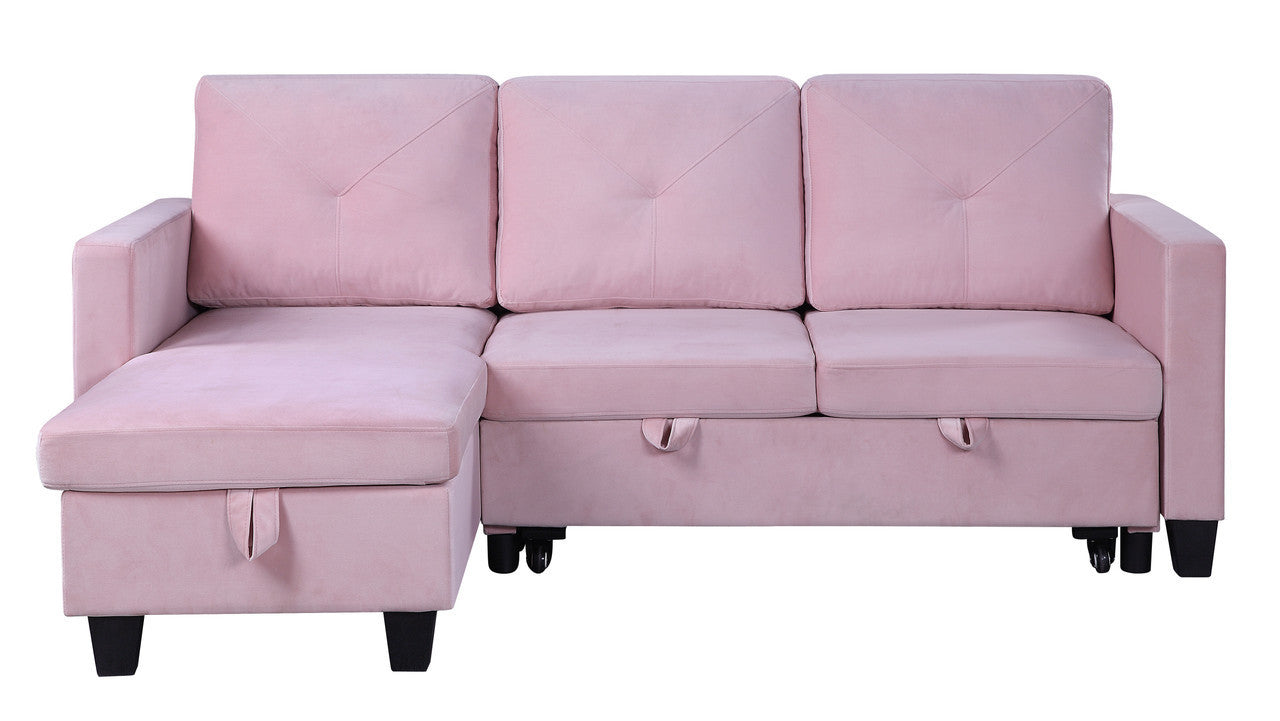 Paris 82.5" Pink Velvet Sleeper Sectional Sofa w/ Storage Chaise-Sleeper Sectionals-American Furniture Outlet