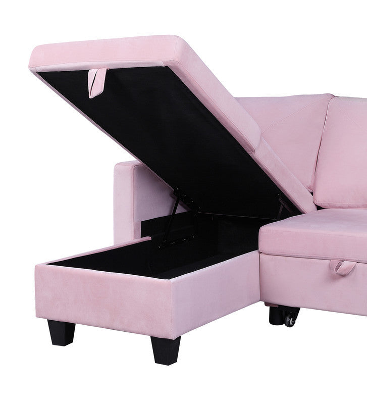 Paris 82.5" Pink Velvet Sleeper Sectional Sofa w/ Storage Chaise-Sleeper Sectionals-American Furniture Outlet