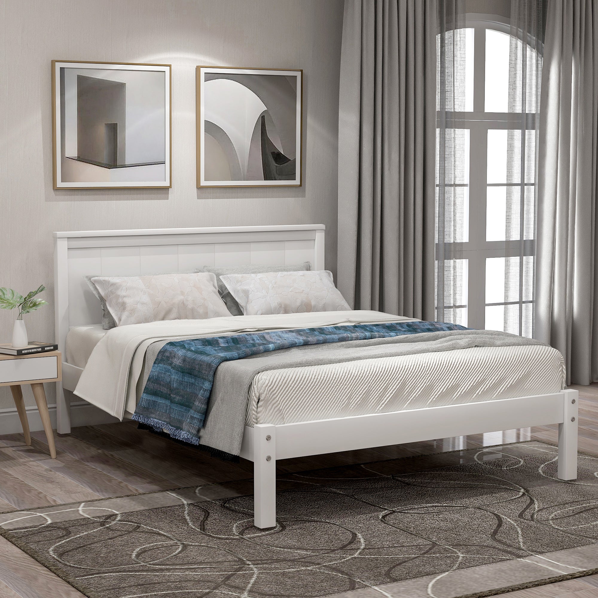 Platform Bed Frame with Headboard | Wood Slat Support | No Box Spring Needed | Twin Size | White Finish